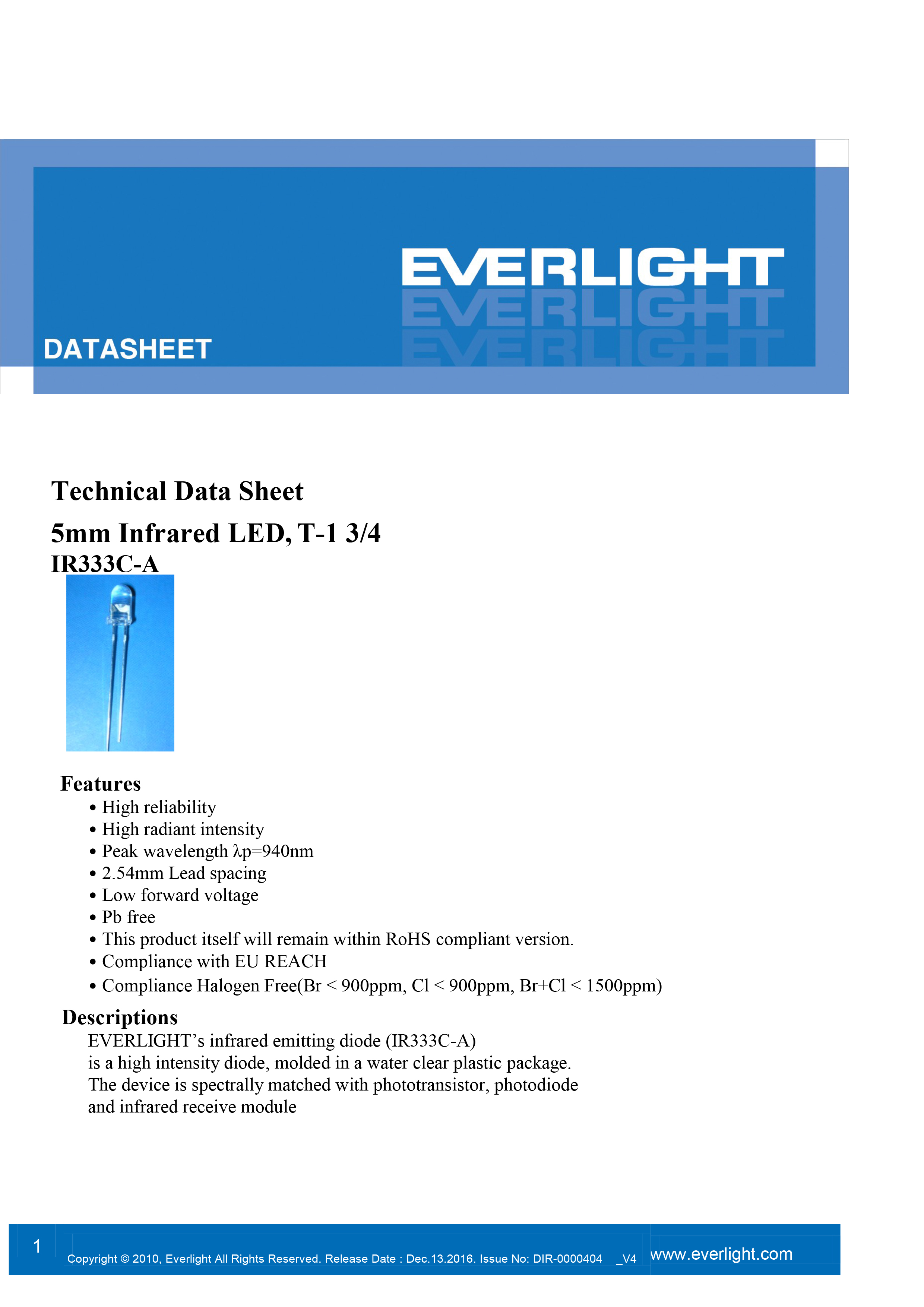 EVERLIGHT 5mm IR EMITTER IR333C-A Datasheet