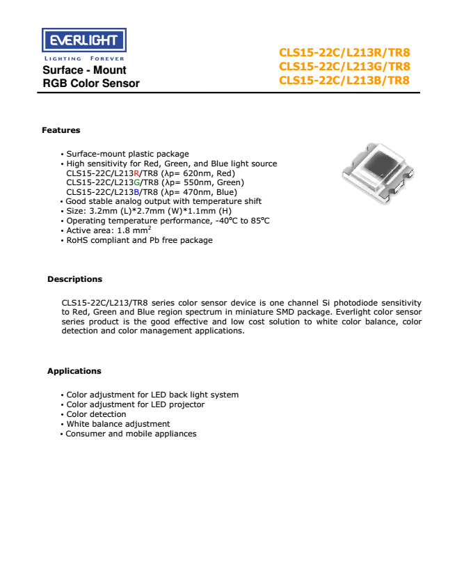 EVERLIGHT RGB Color Sensor CLS15-22C/L213G/TR8 Datasheet