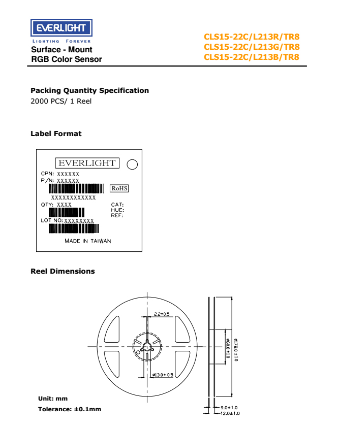 EVERLIGHT RGB Color Sensor CLS15-22C/L213G/TR8 Datasheet