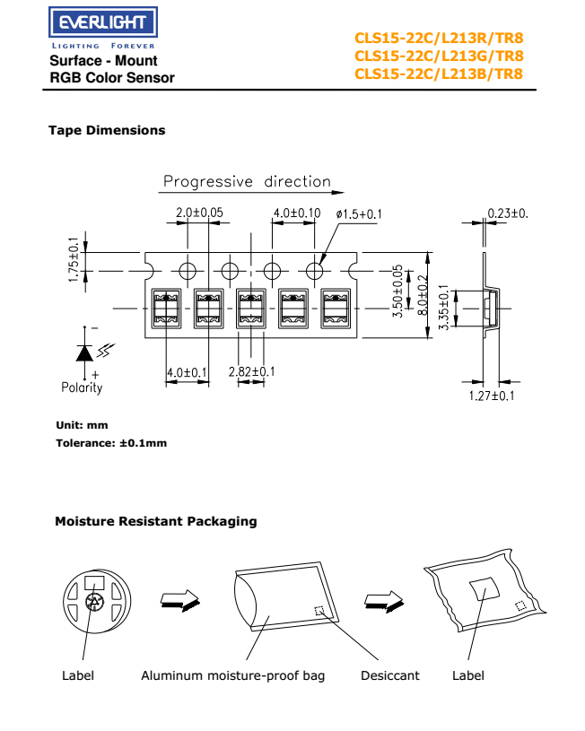 EVERLIGHT RGB Color Sensor CLS15-22C/L213G/TR8 Datasheet