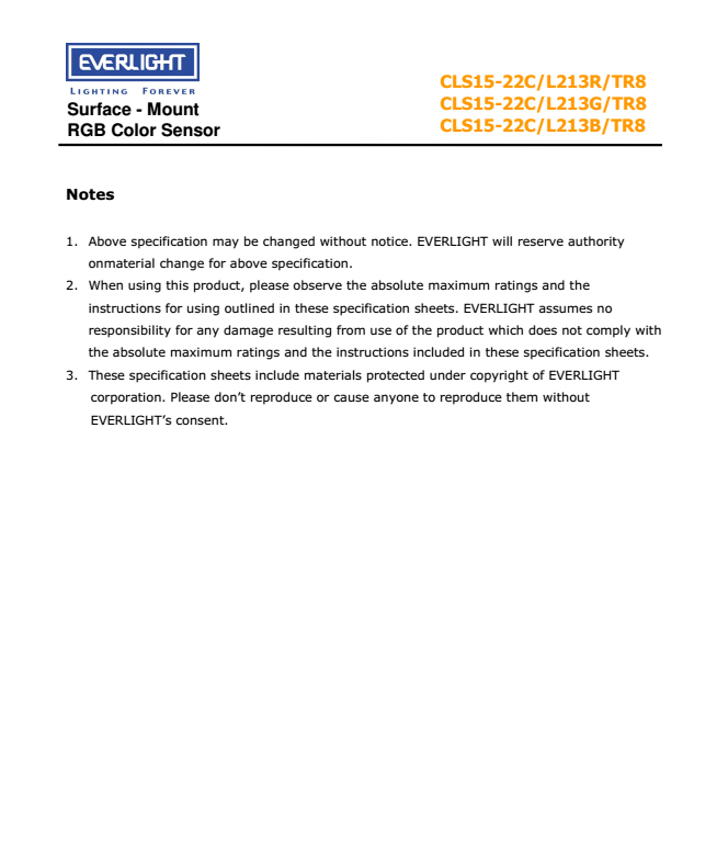 EVERLIGHT RGB Color Sensor CLS15-22C/L213G/TR8 Datasheet