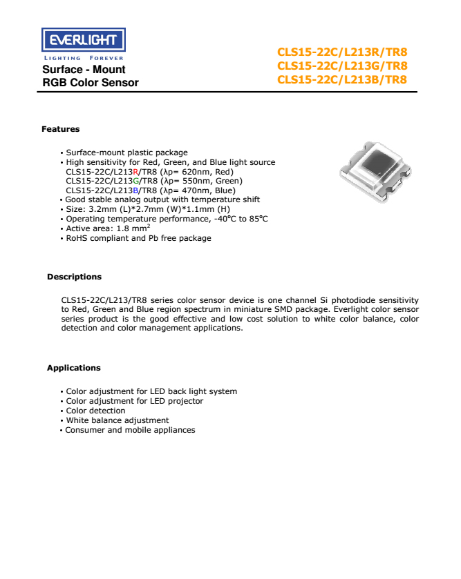 EVERLIGHT RGB Color Sensor CLS15-22C/L213B/TR8 Datasheet