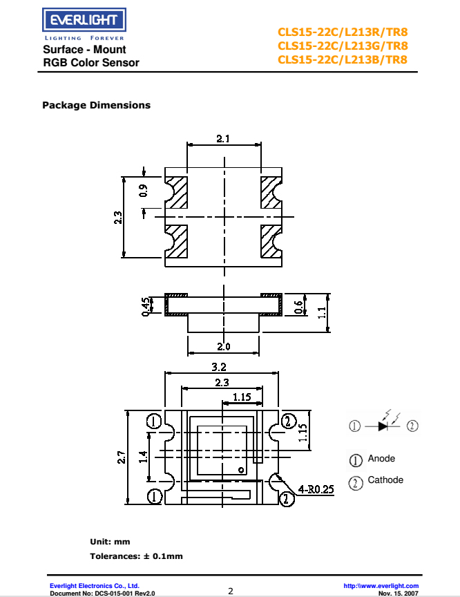 EVERLIGHT RGB Color Sensor CLS15-22C/L213B/TR8 Datasheet