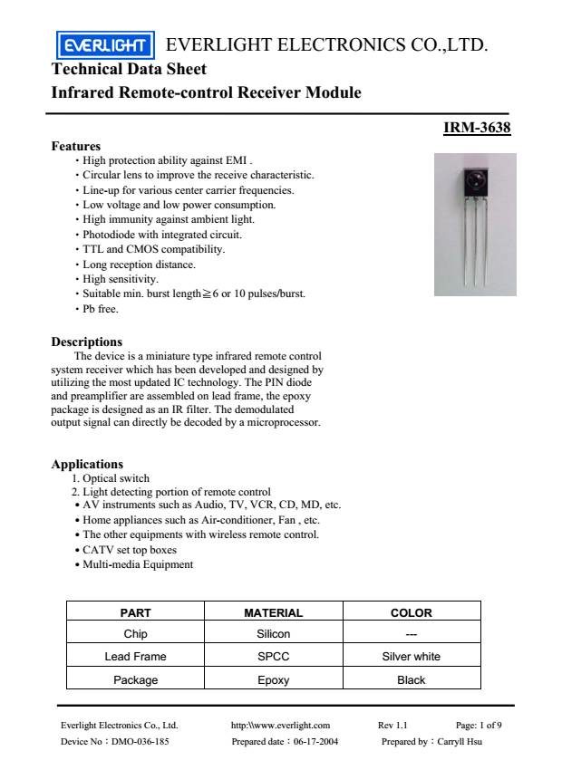 EVERLIGHT Infrared Receiver Module IRM-3638 Datasheet