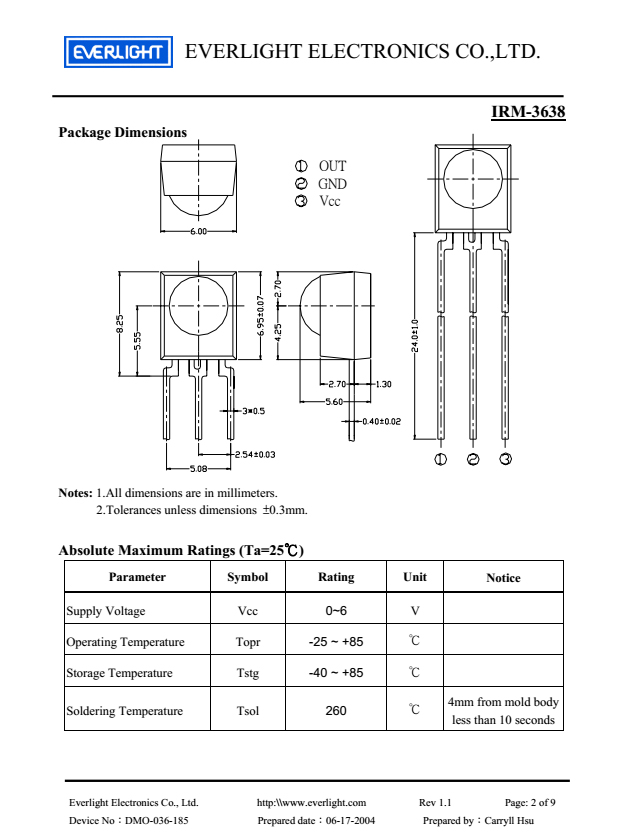 EVERLIGHT Infrared Receiver Module IRM-3638 Datasheet