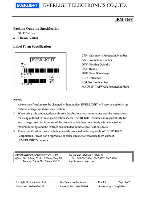 EVERLIGHT Infrared Receiver Module IRM-3638 Datasheet