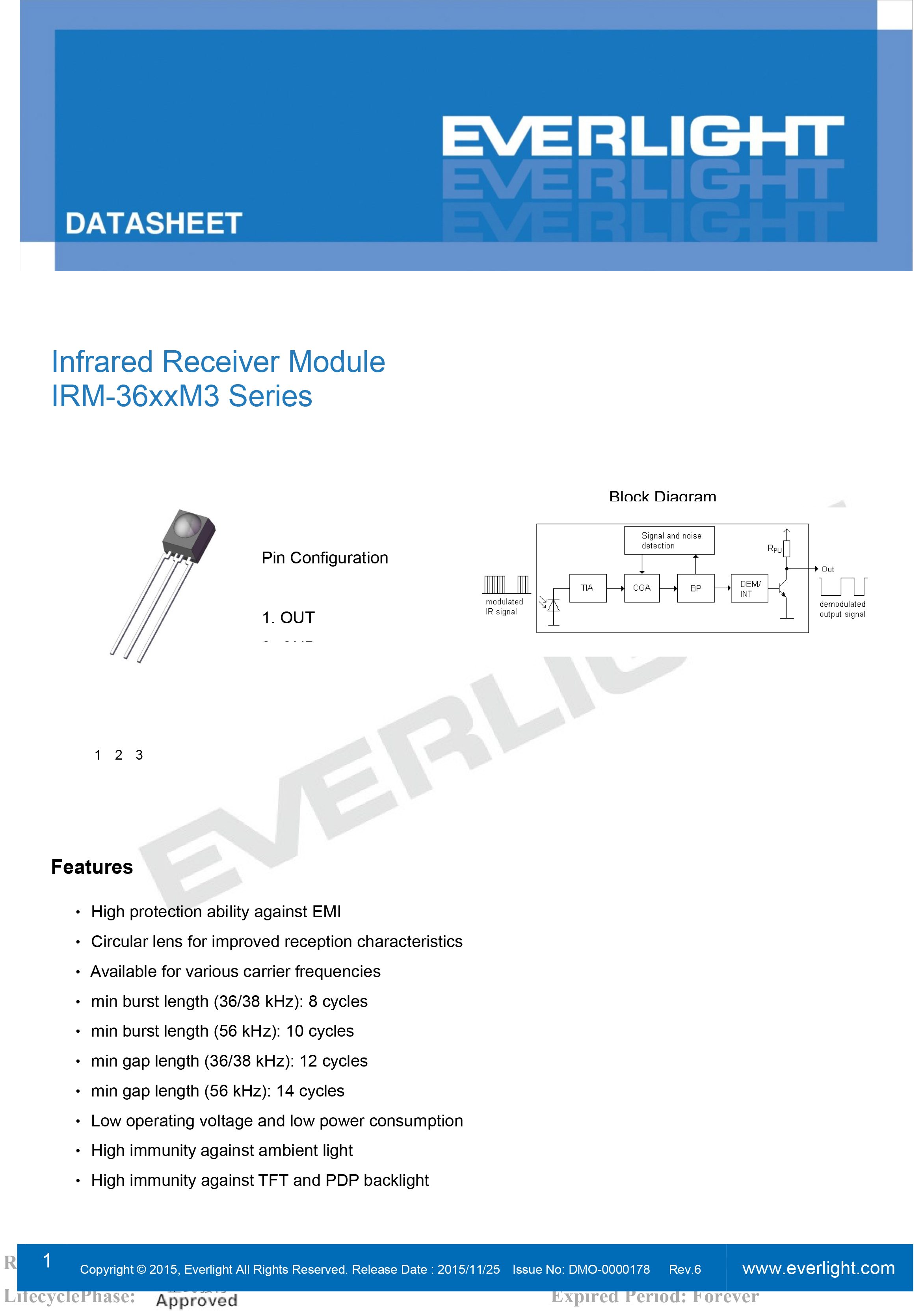 EVERLIGHT Infrared Receiver Module IRM-3656M3 Datasheet