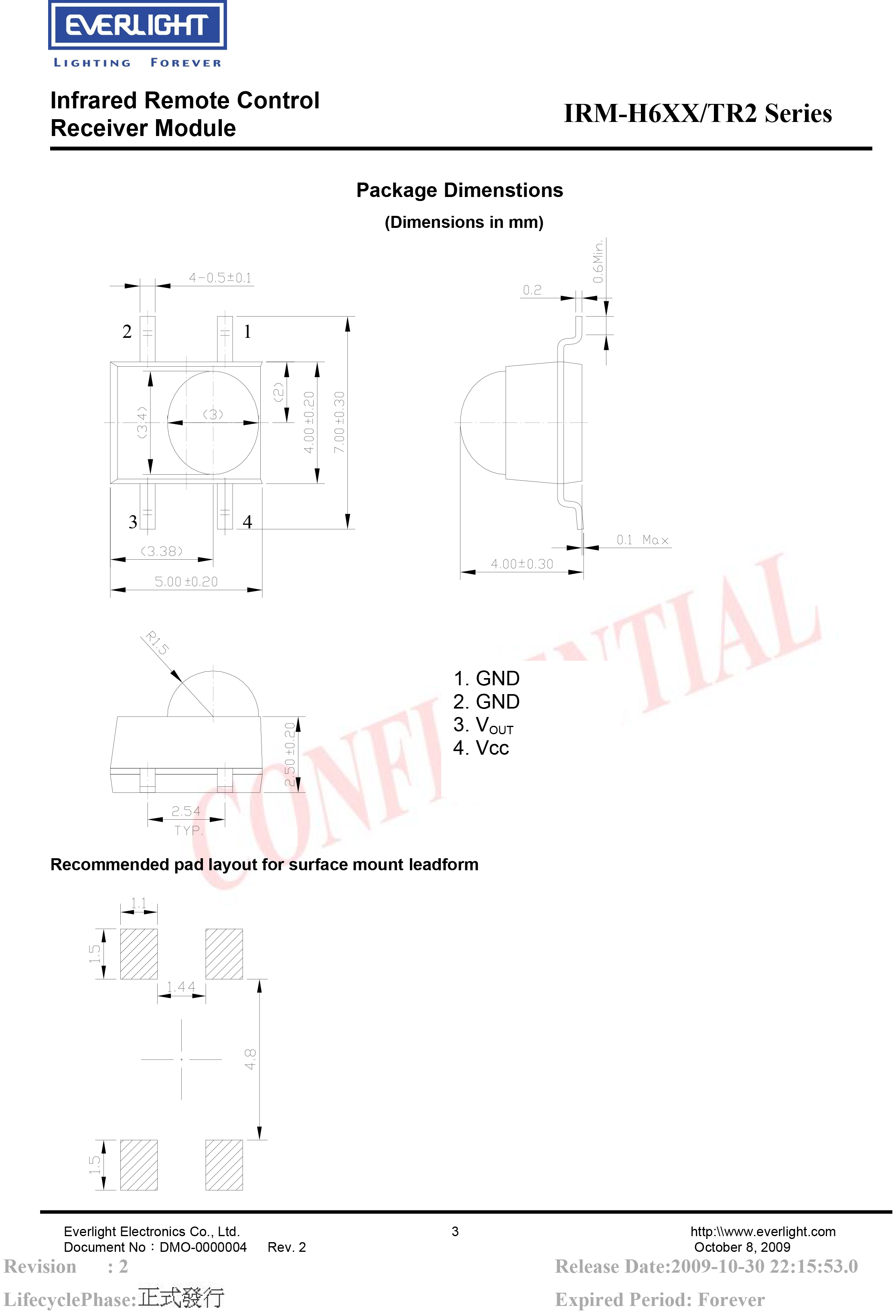 EVERLIGHT Infrared Receiver Module IRM-H638/TR2 Datasheet