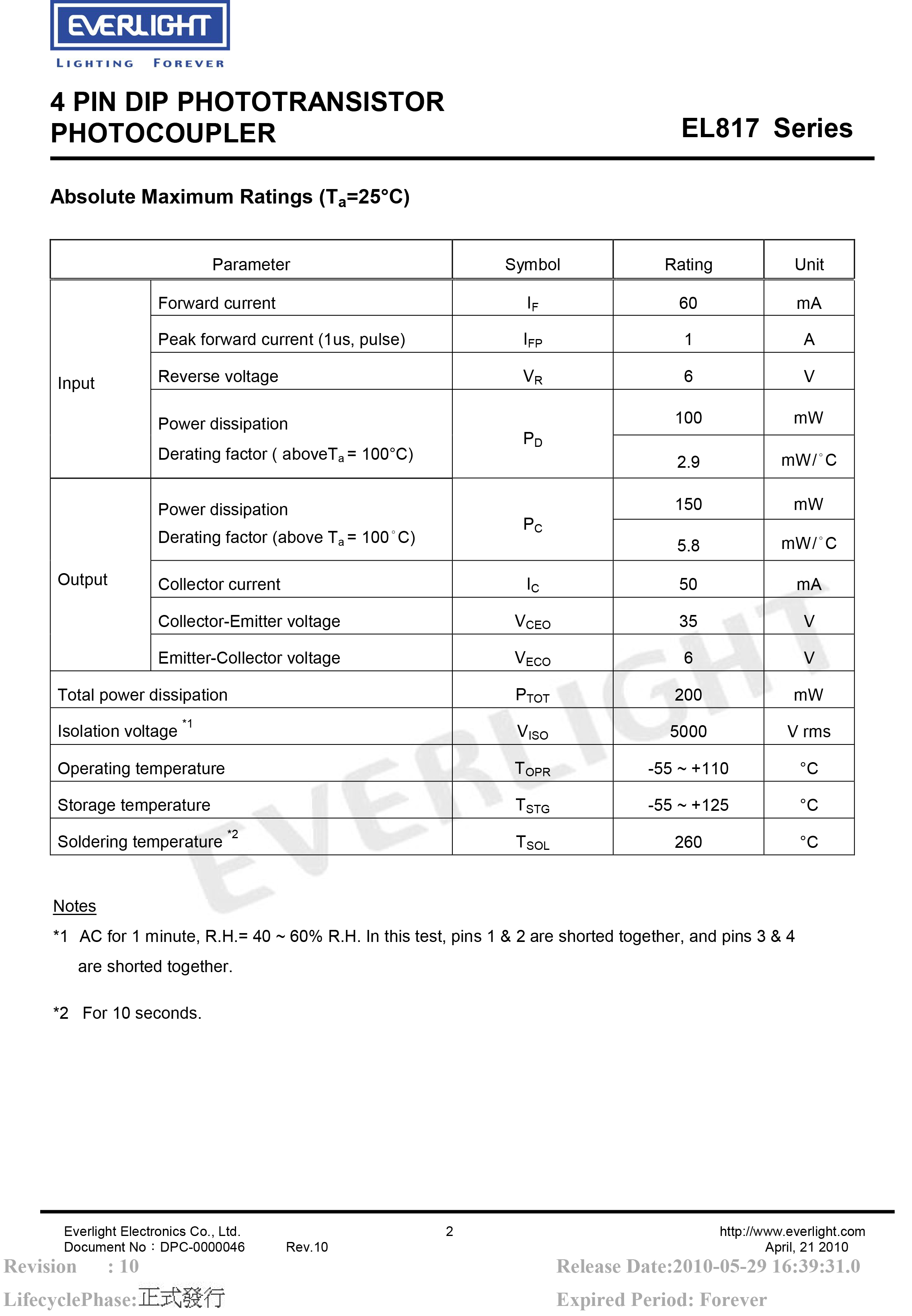 Everlight DIP-4 Photo coupler EL817 Datasheet