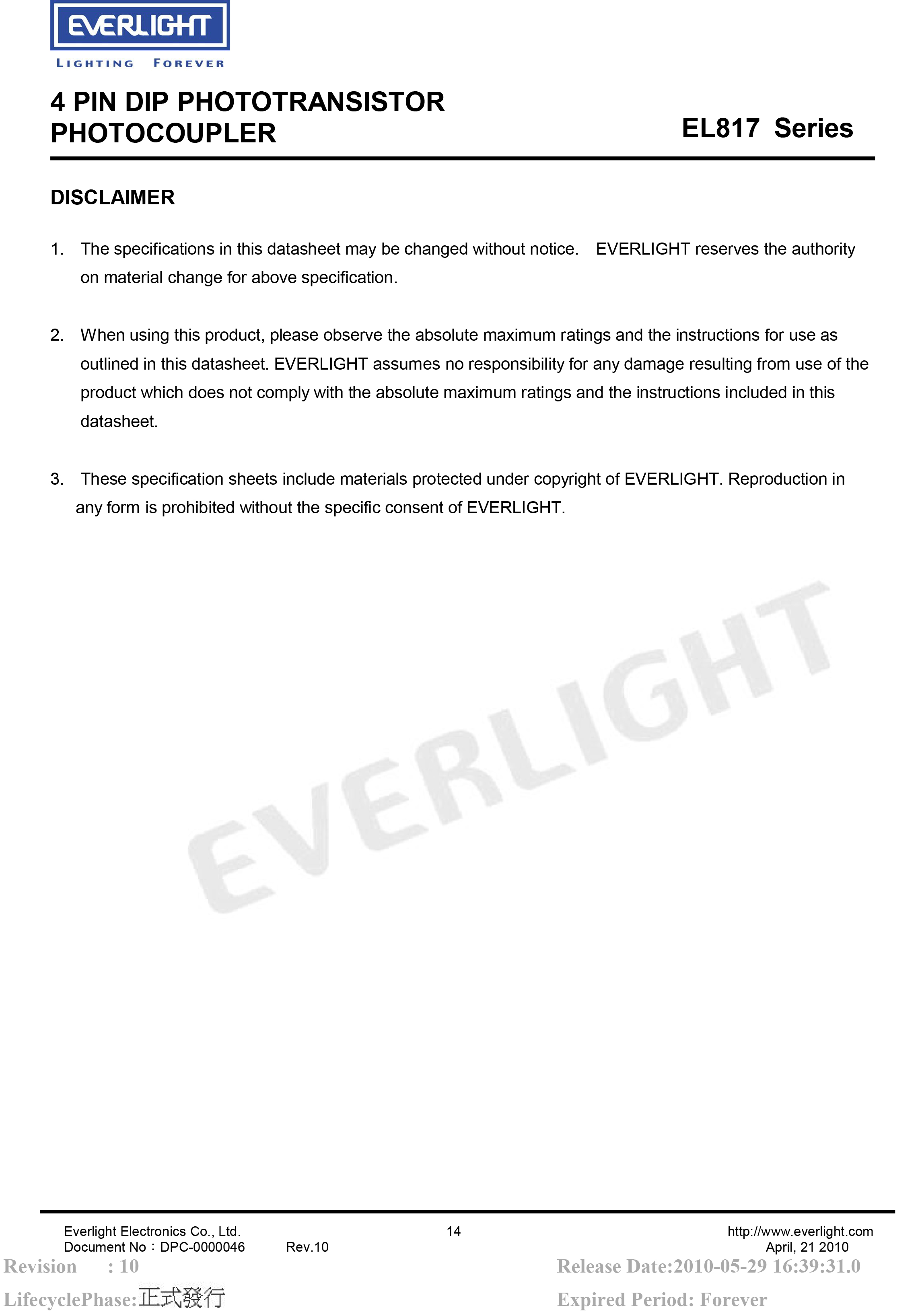 Everlight DIP-4 Photo coupler EL817 Datasheet