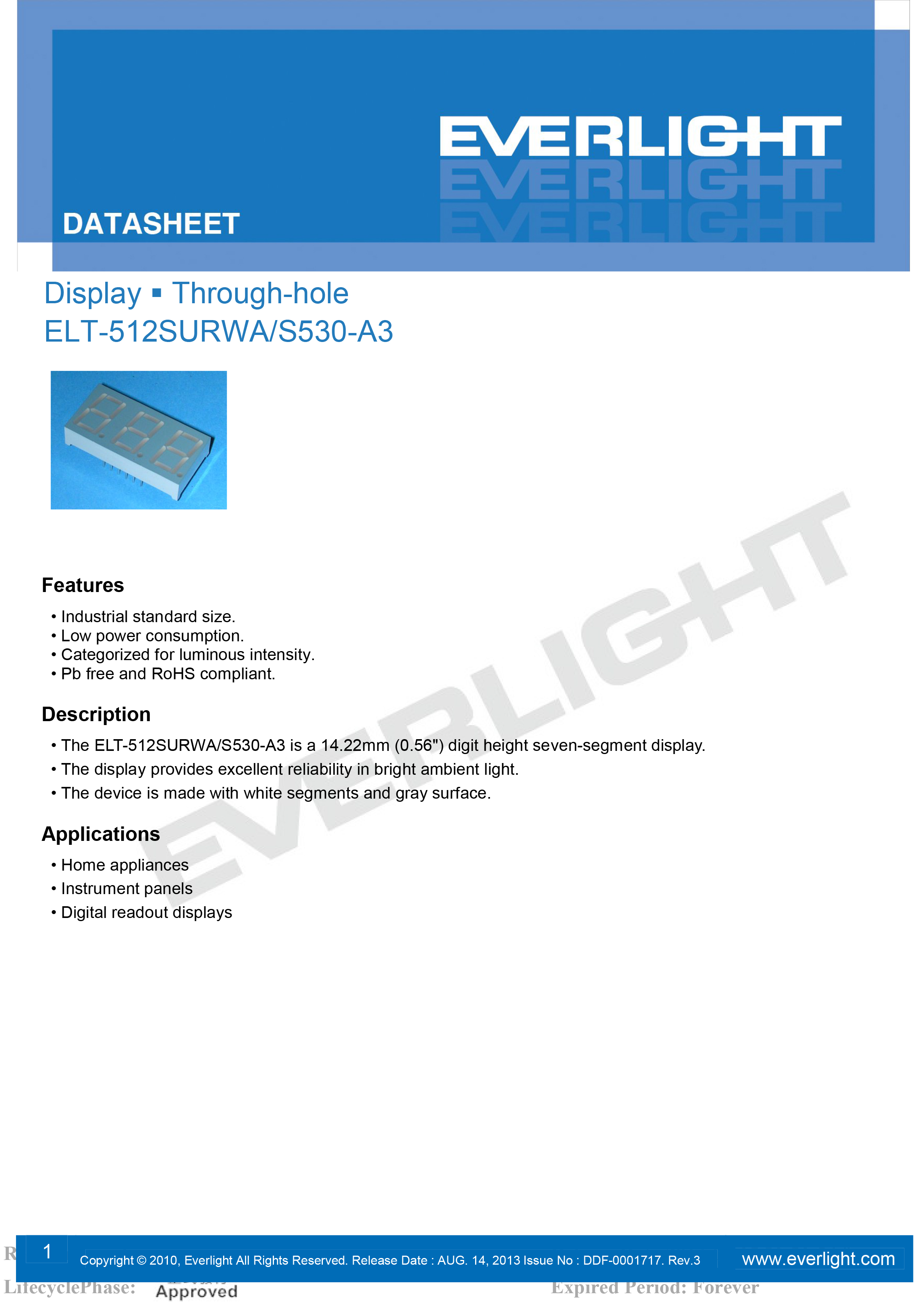 EVERLIGHT DIGITAL TUBE ELT-512SURWA/S530-A3 Datasheet