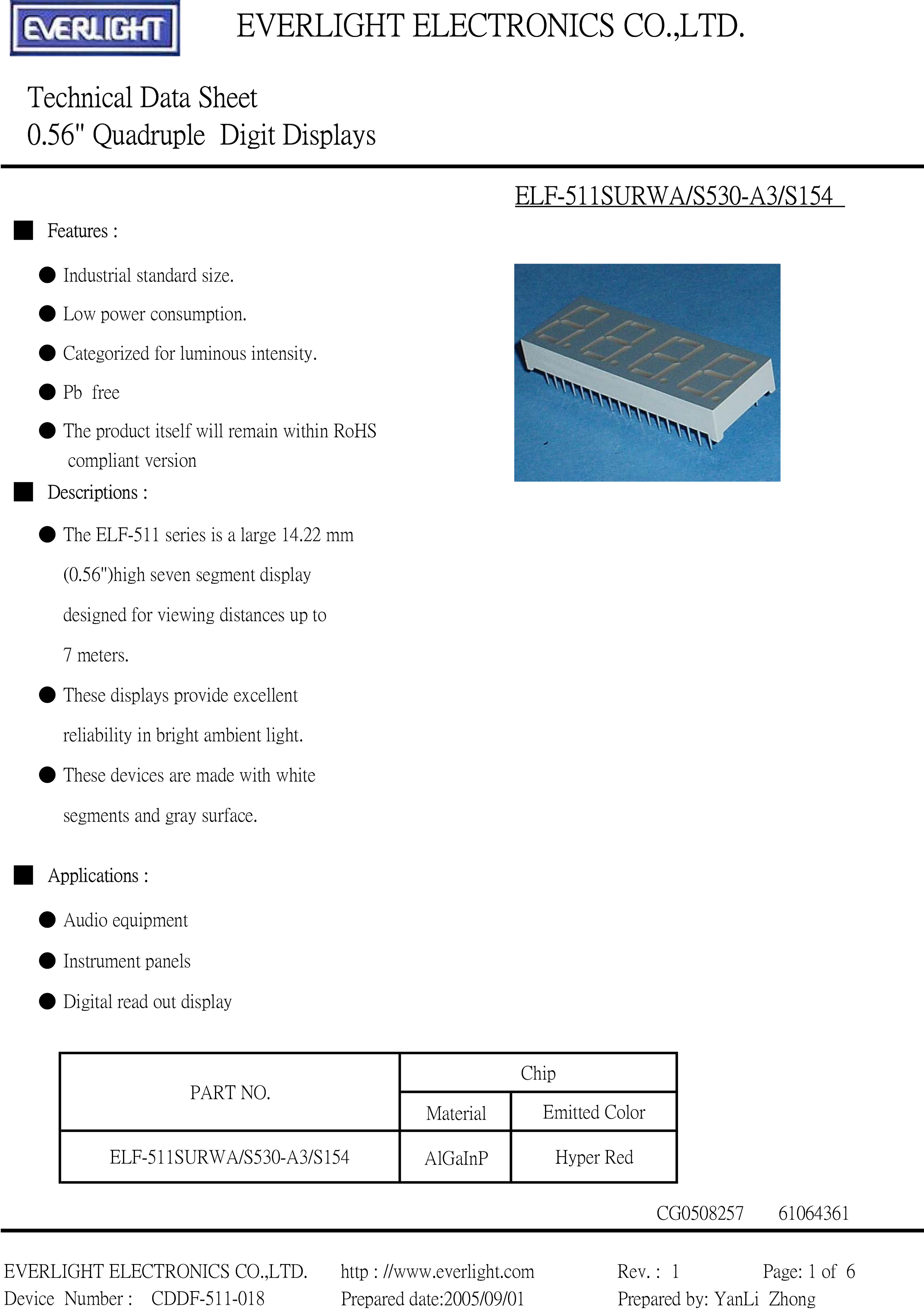 EVERLIGHT DIGITAL TUBE ELF-511SURWA/S530-A3/S154 Datasheet