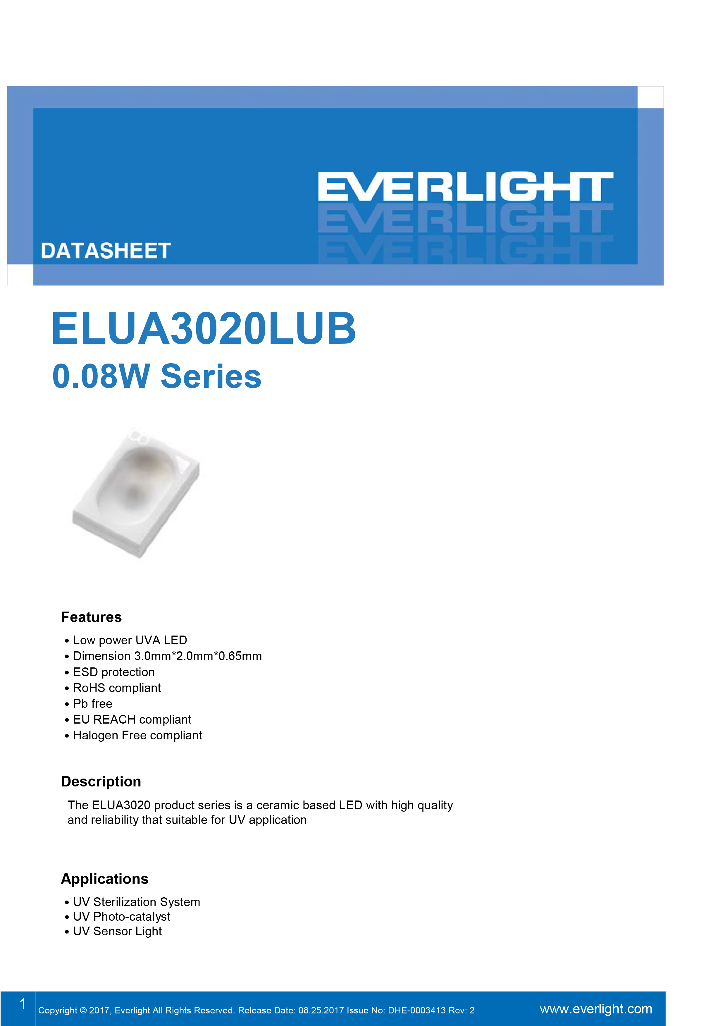 EVERLIGHT SMD 0.08W UV LED ELUA3020LUB-P6070Q43040020-VA1D