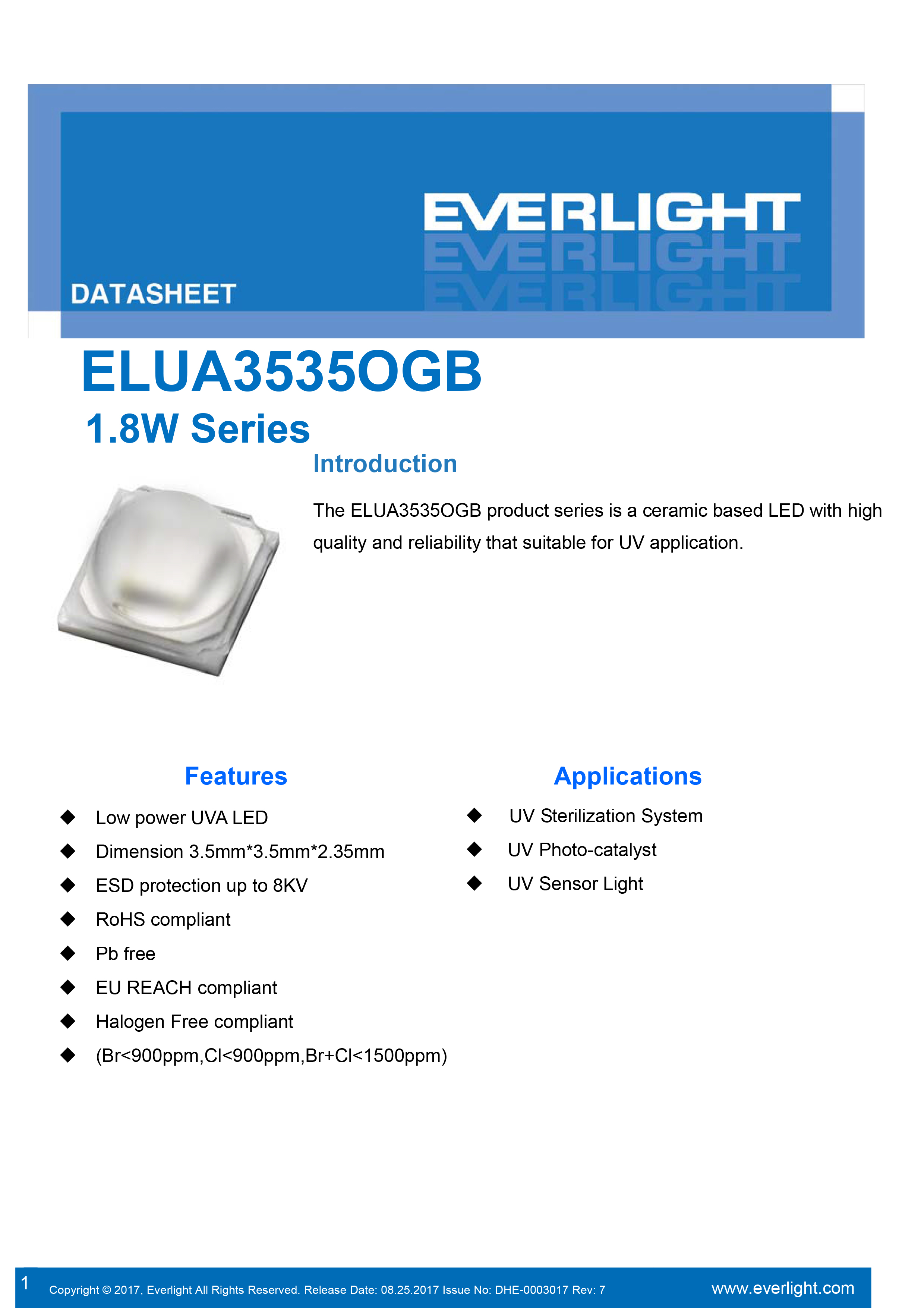 EVERLIGHT SMD1.8W UV LED ELUA3535OGB-P6070U23040500-VD1M  Datasheet