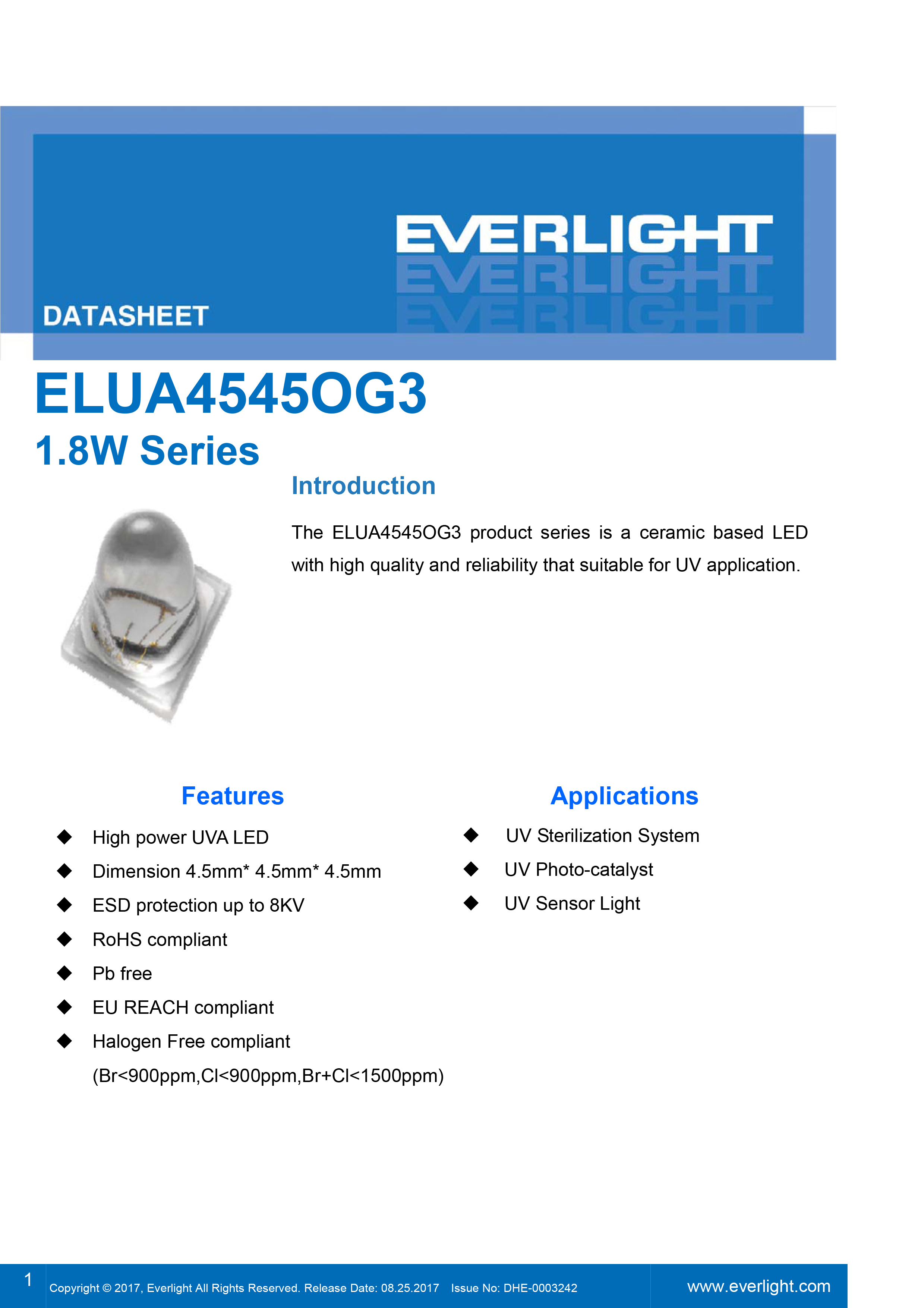 EVERLIGHT SMD 1.8W UV LED ELUA4545OG3-P6070U13241500-VD1M Datasheet
