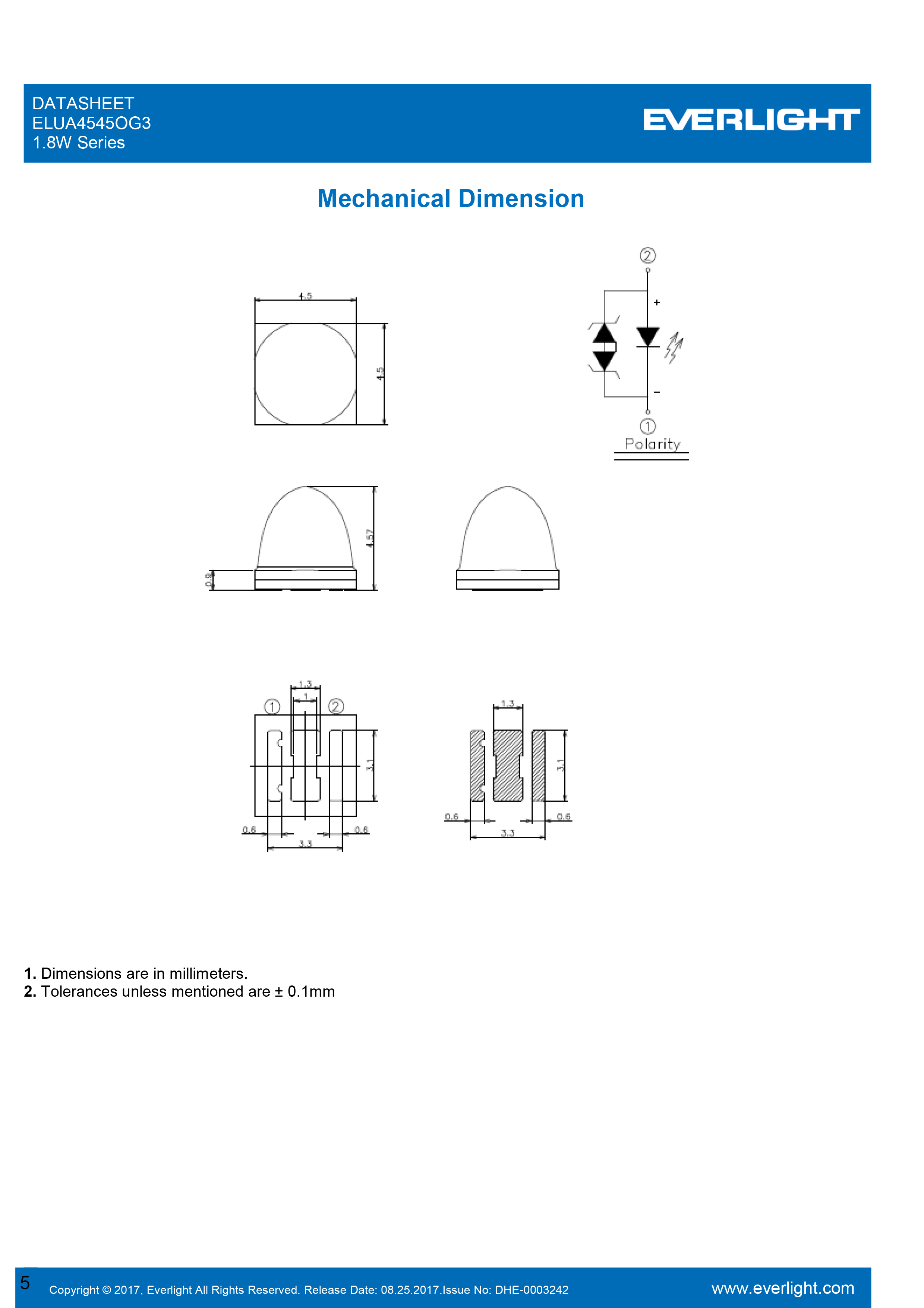 EVERLIGHT SMD 1.8W UV LED ELUA4545OG3-P6070U13241500-VD1M Datasheet