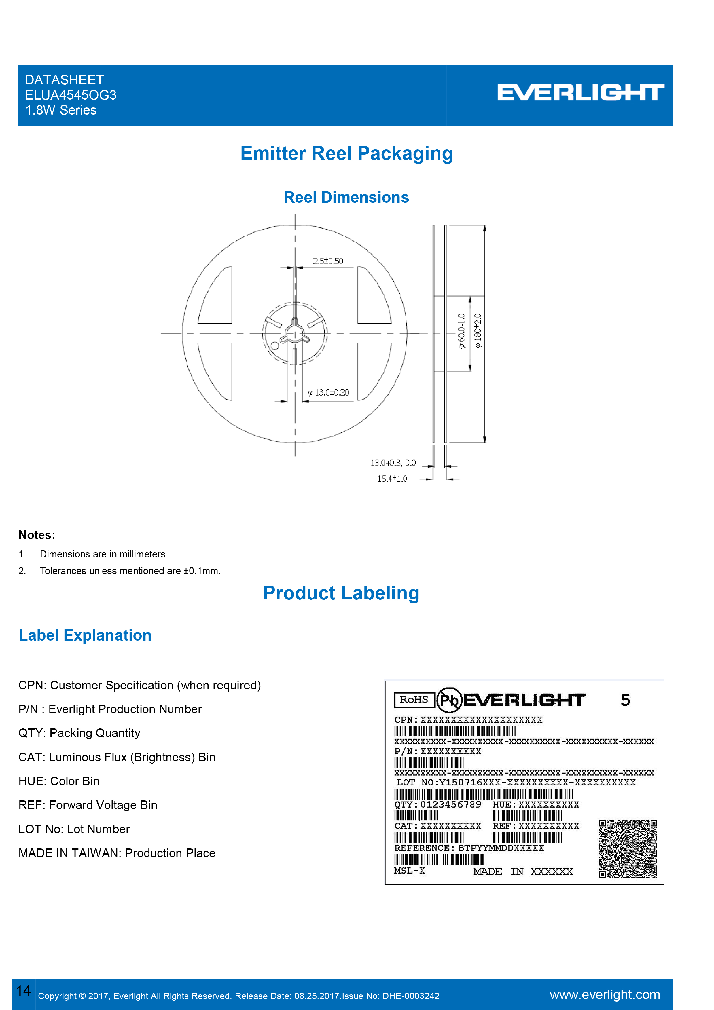 EVERLIGHT SMD 1.8W UV LED ELUA4545OG3-P6070U13241500-VD1M Datasheet