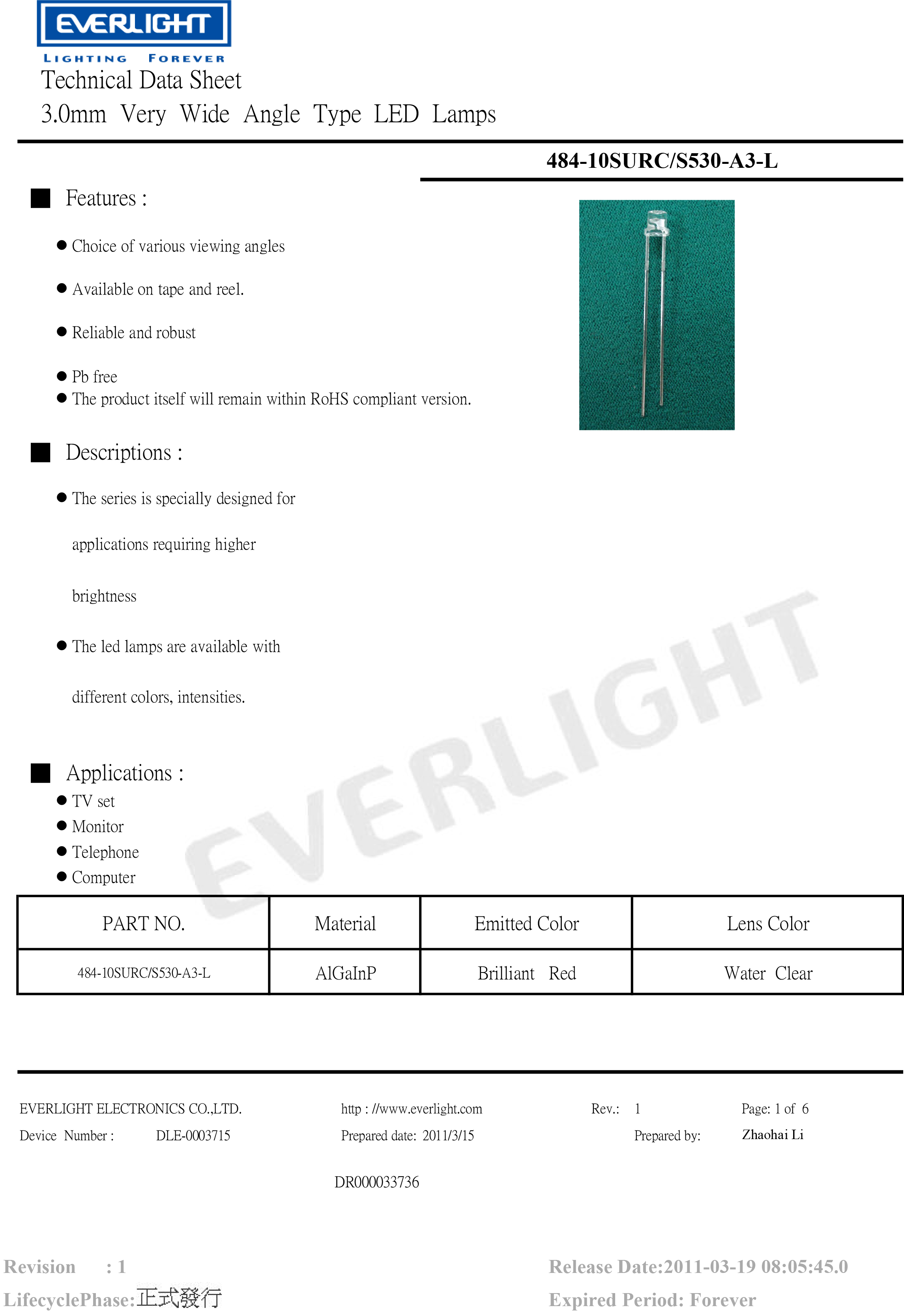 everlight led 3mm lamp 484-10SURC/S530-A3-L Datasheet