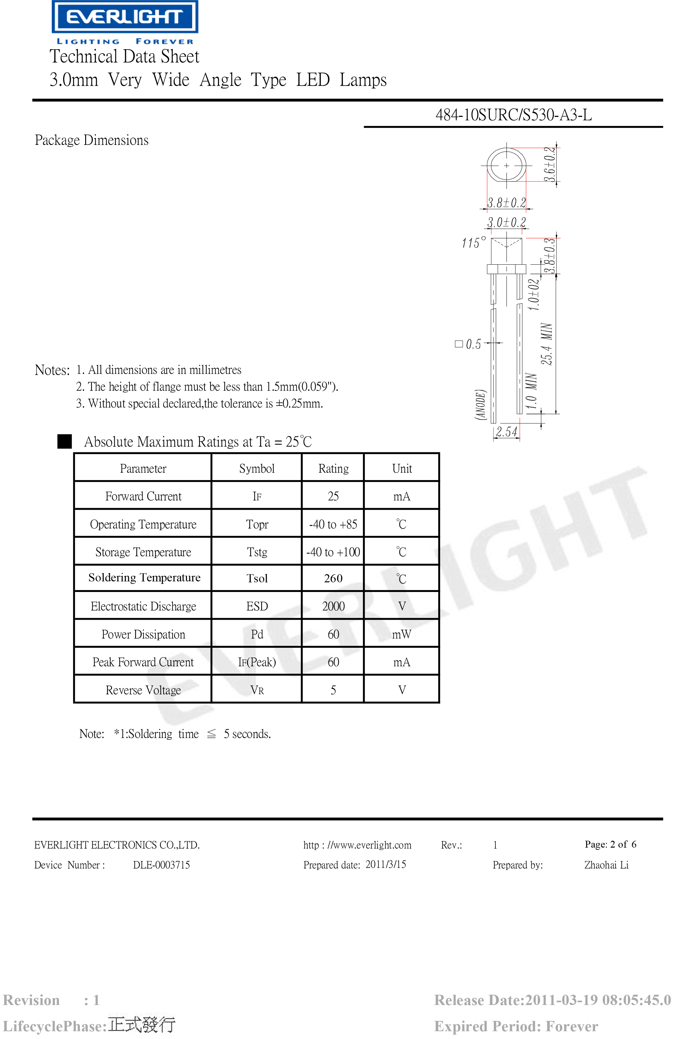 everlight led 3mm lamp 484-10SURC/S530-A3-L Datasheet
