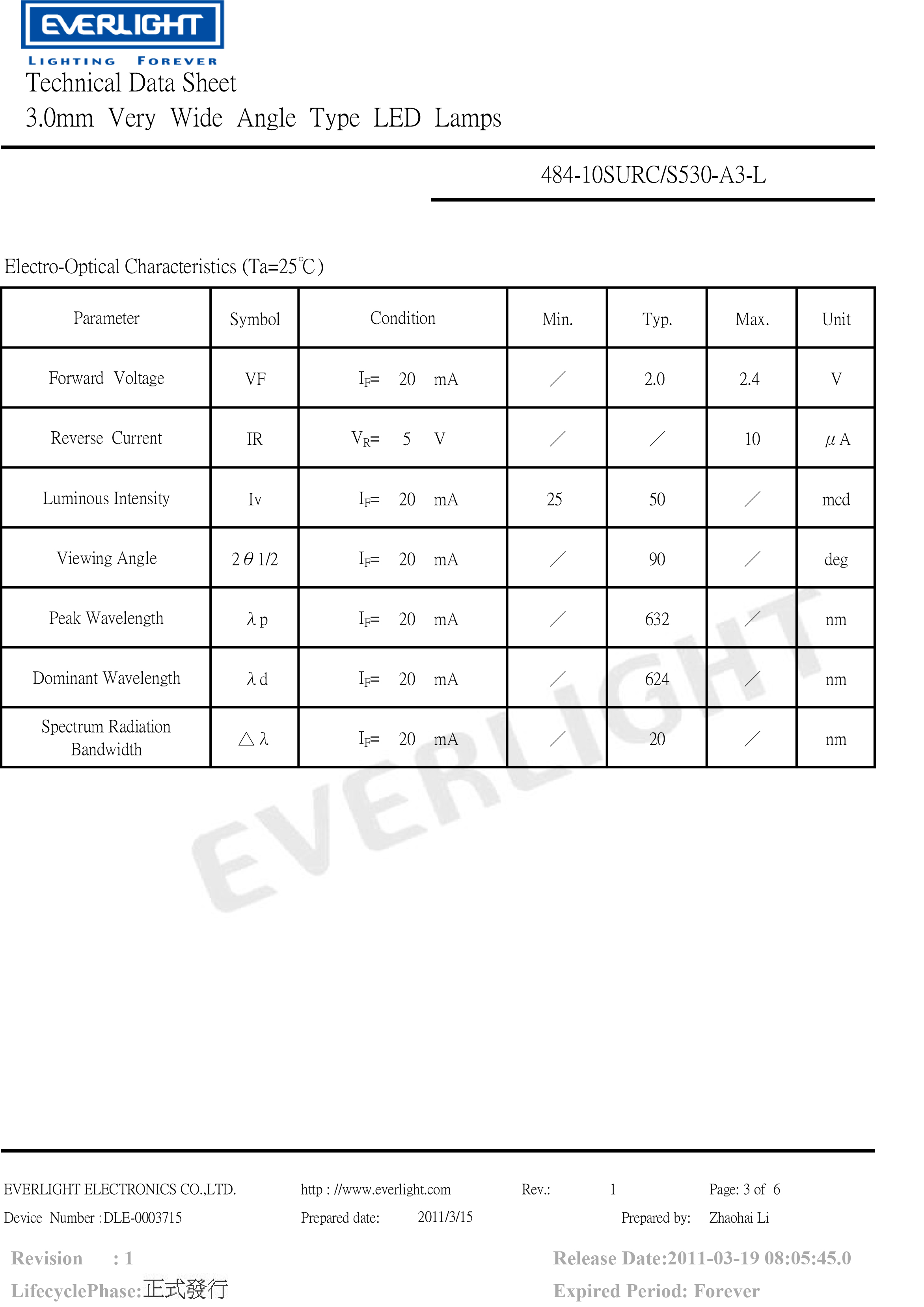 everlight led 3mm lamp 484-10SURC/S530-A3-L Datasheet