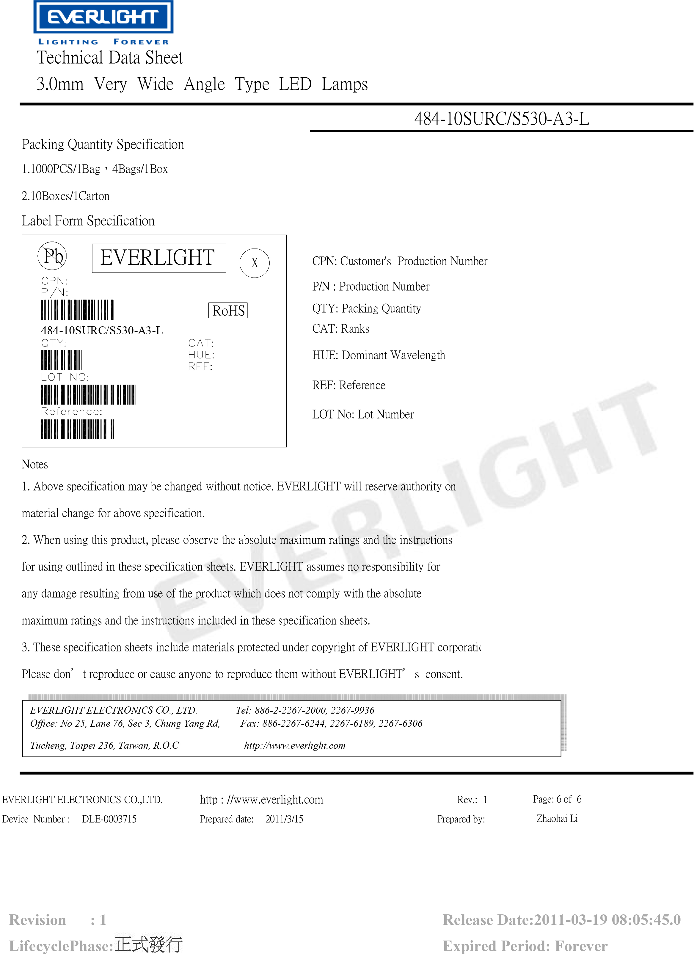 everlight led 3mm lamp 484-10SURC/S530-A3-L Datasheet