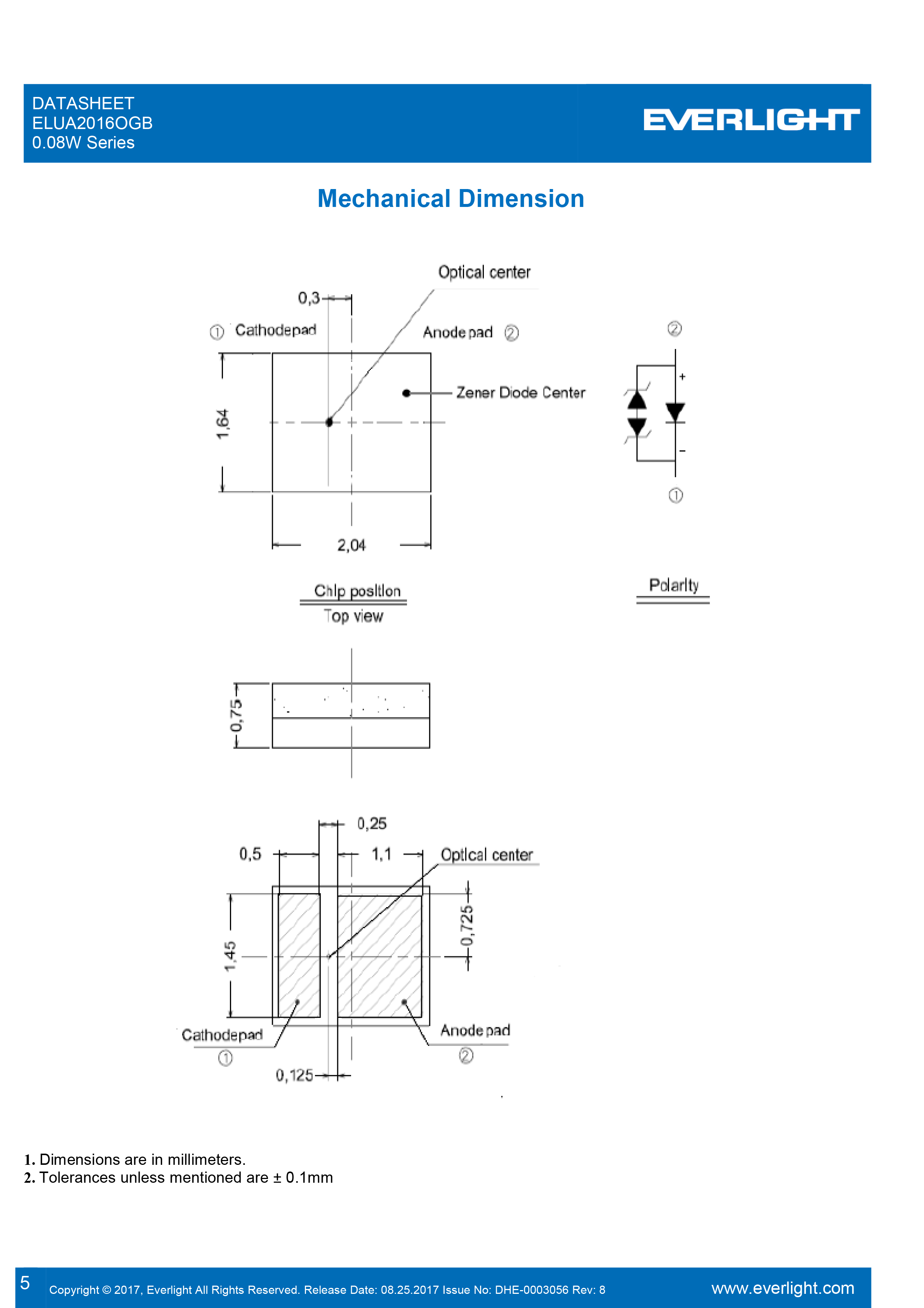 EVERLIGHT SMD 0.08W UV LED ELUA2016OGB-P6070Q43040020-VA1M Datasheet