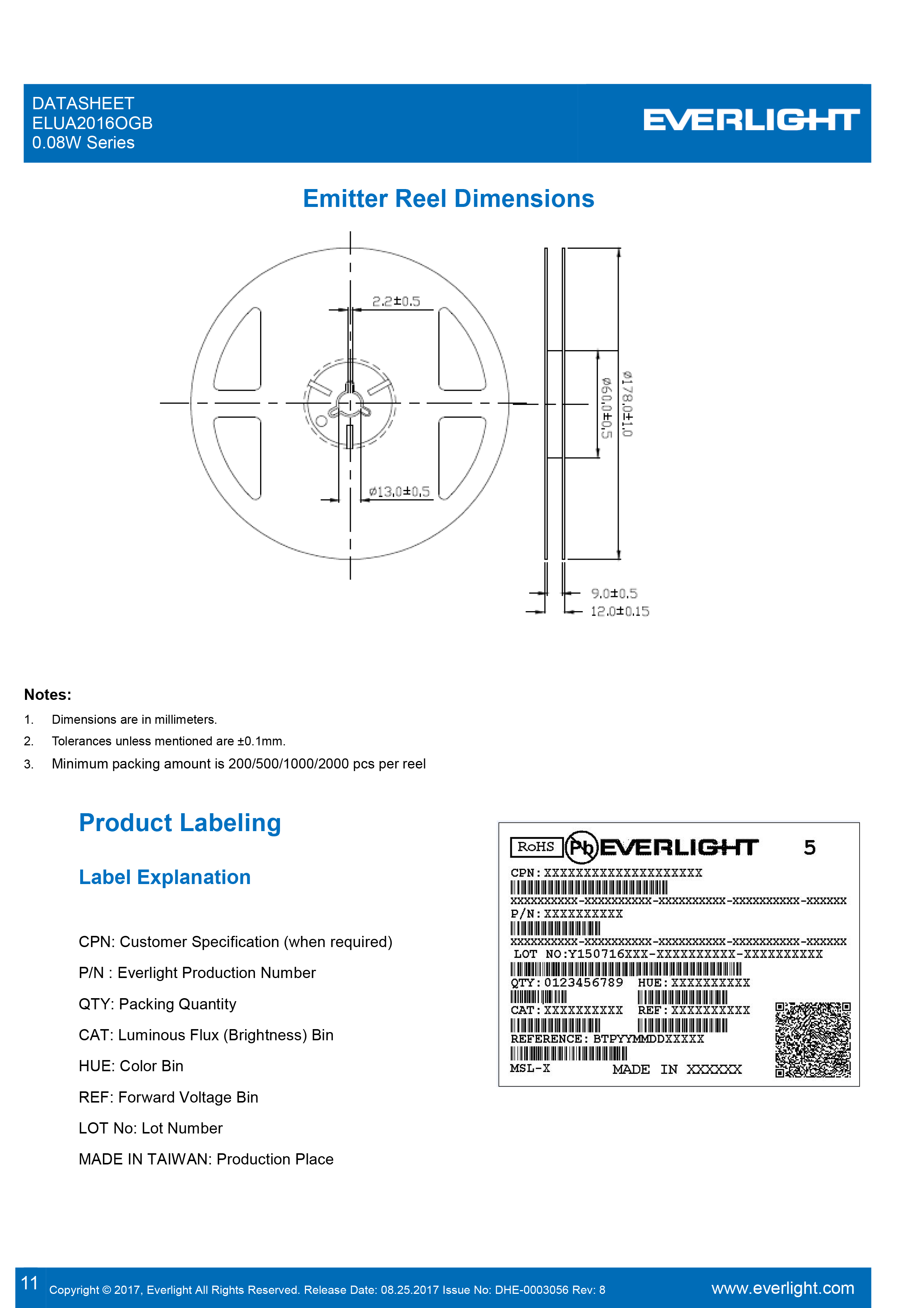 EVERLIGHT SMD 0.08W UV LED ELUA2016OGB-P8090Q53040020-VA1M Datasheet