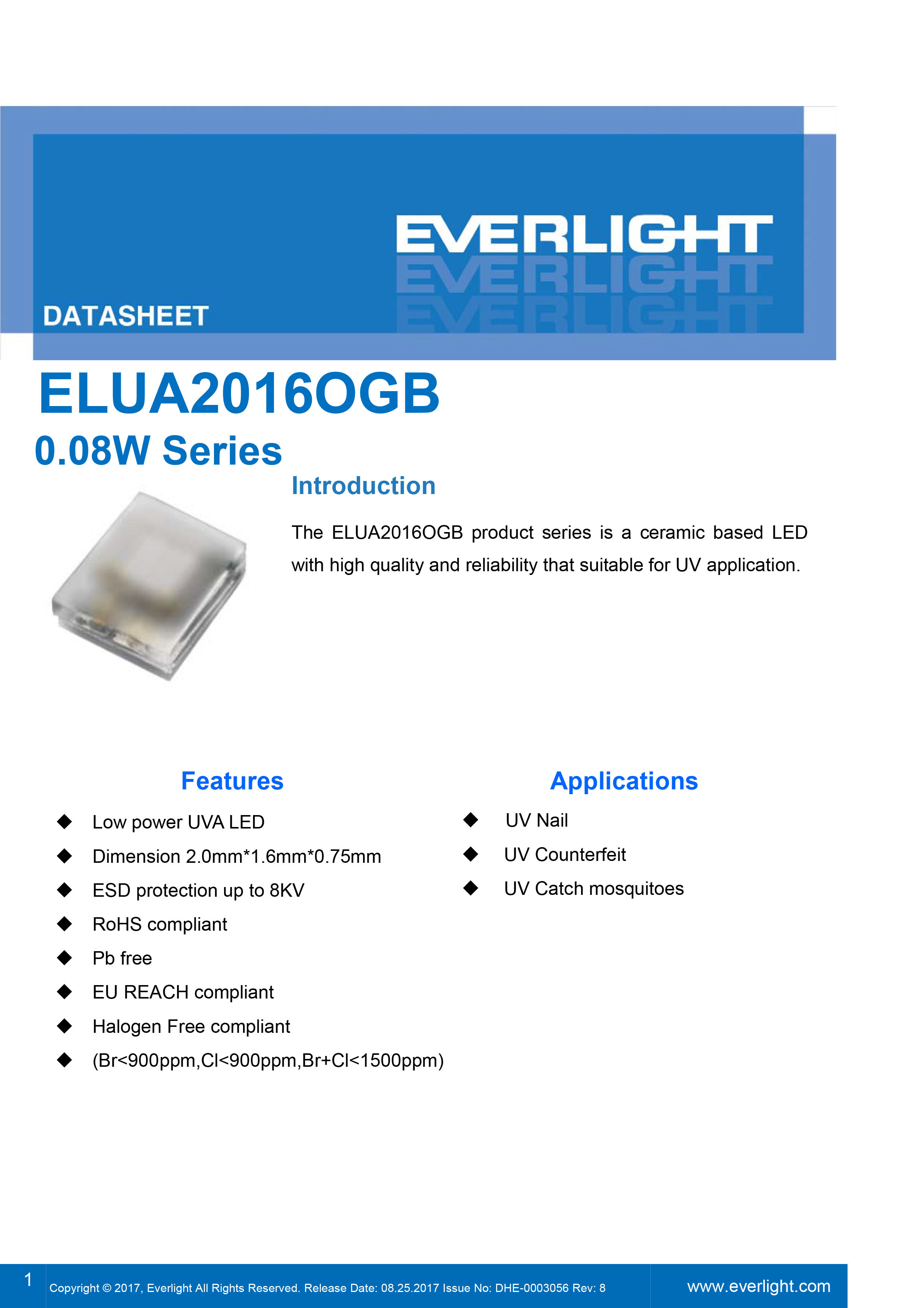EVERLIGHT SMD 0.08W UV LED ELUA2016OGB-P9000Q53040020-VA1M Datasheet