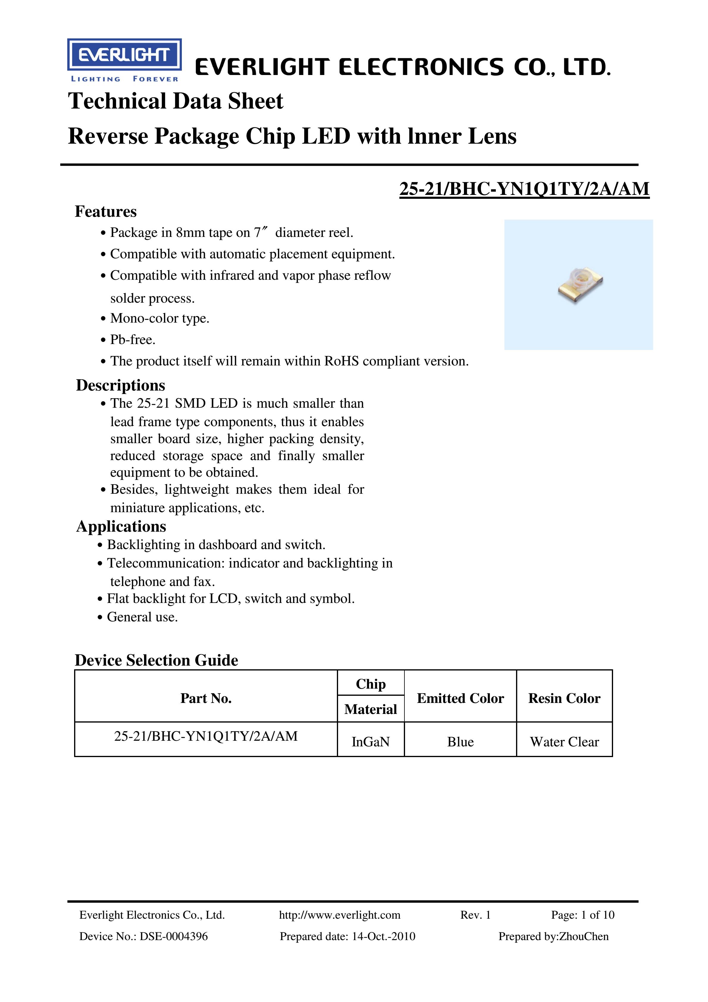 everlight 1206 Car lamp beads 25-21-BHC-YN1Q1TY-2A-AM Datasheet