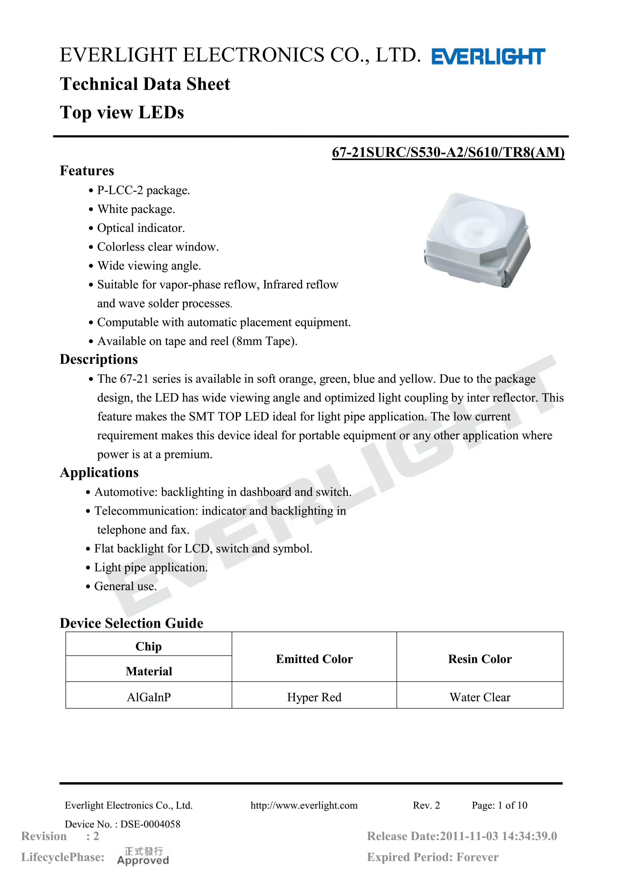 everlight 3528 Car lamp beads 67-21SURC/S530-A2/S610/TR8(AM) Datasheet