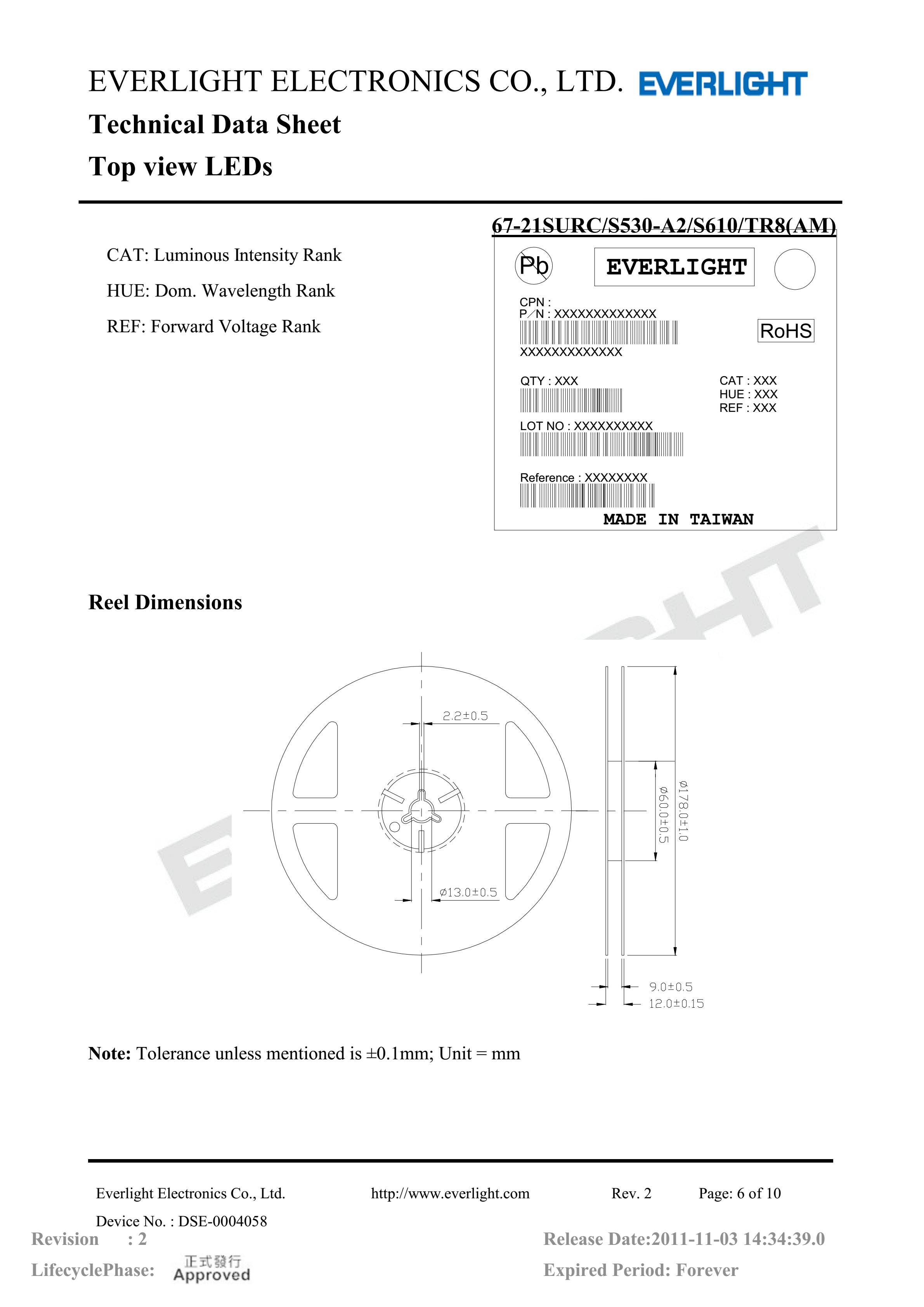 everlight 3528 Car lamp beads 67-21SURC/S530-A2/S610/TR8(AM) Datasheet