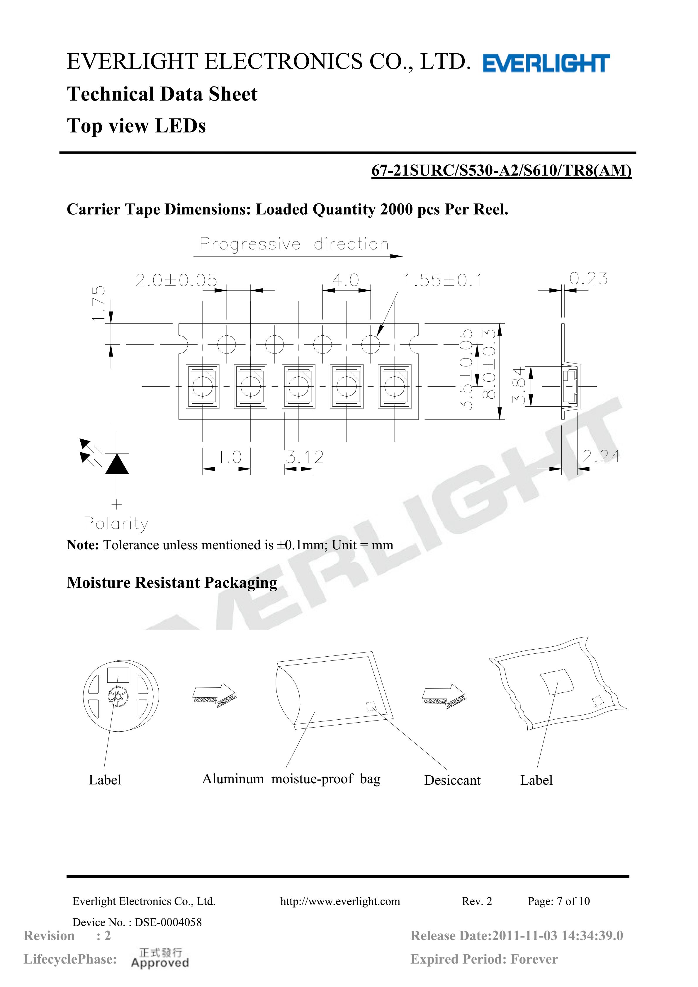 everlight 3528 Car lamp beads 67-21SURC/S530-A2/S610/TR8(AM) Datasheet