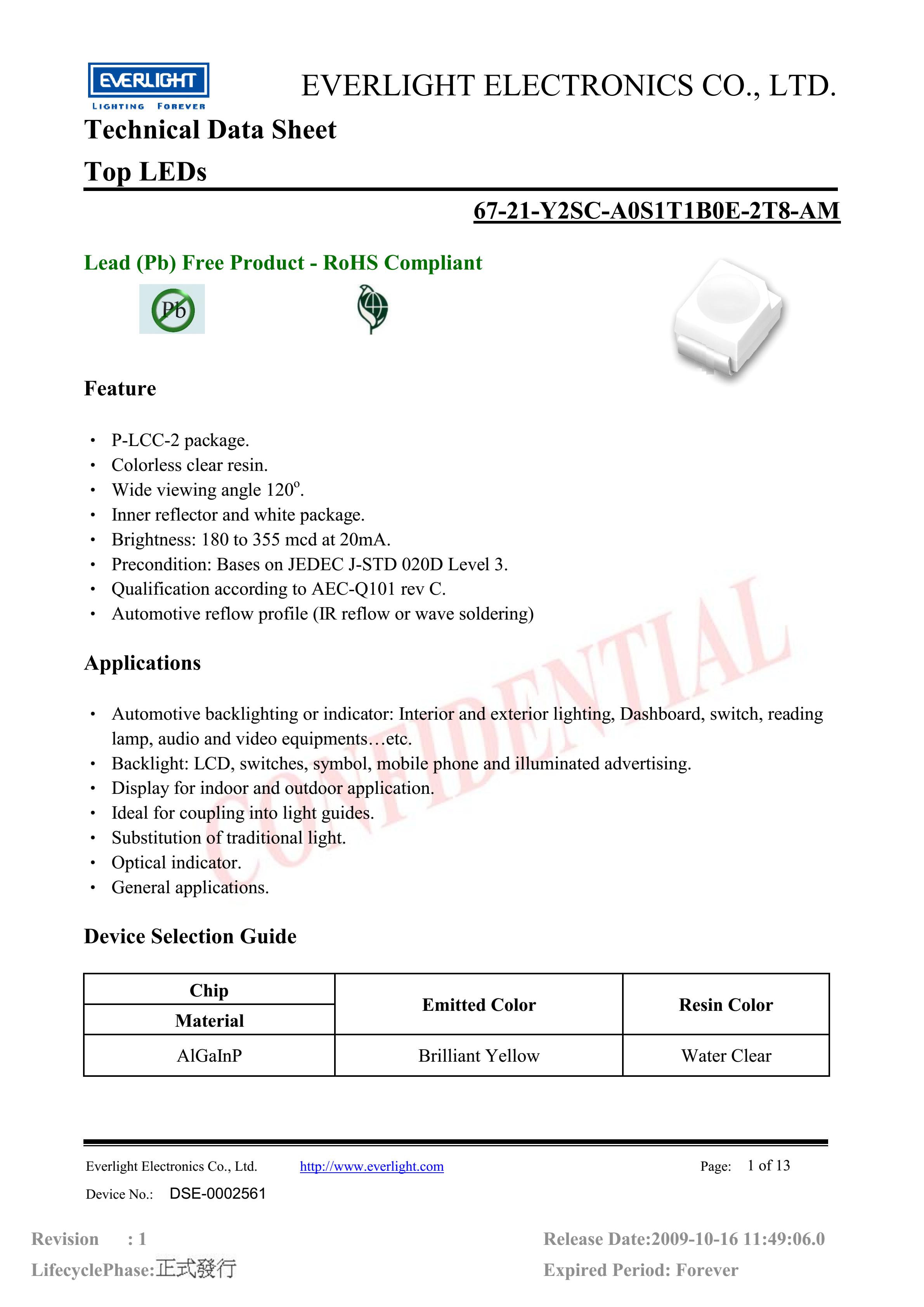 everlight 3528 Car lamp beads 67-21-Y2SC-A0S1T1B0E-2T8-AM Datasheet