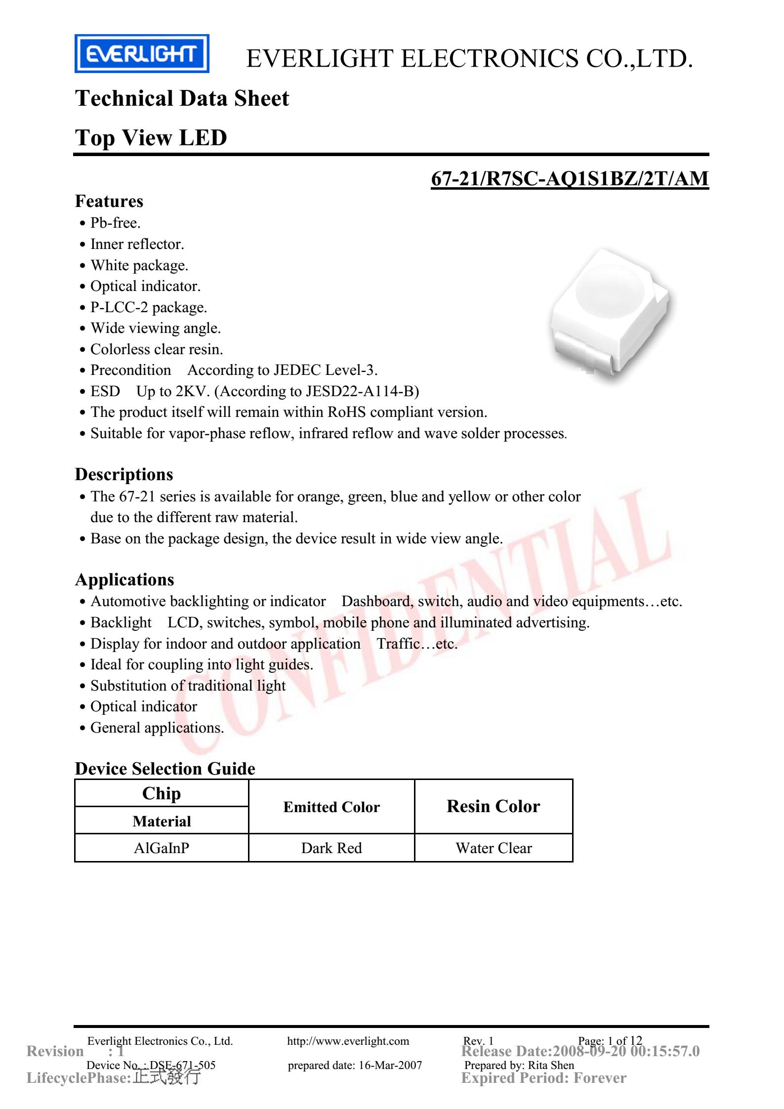 everlight 3528 Car lamp beads 67-21/R7SC-AQ1S1BZ/2T/AM Datasheet