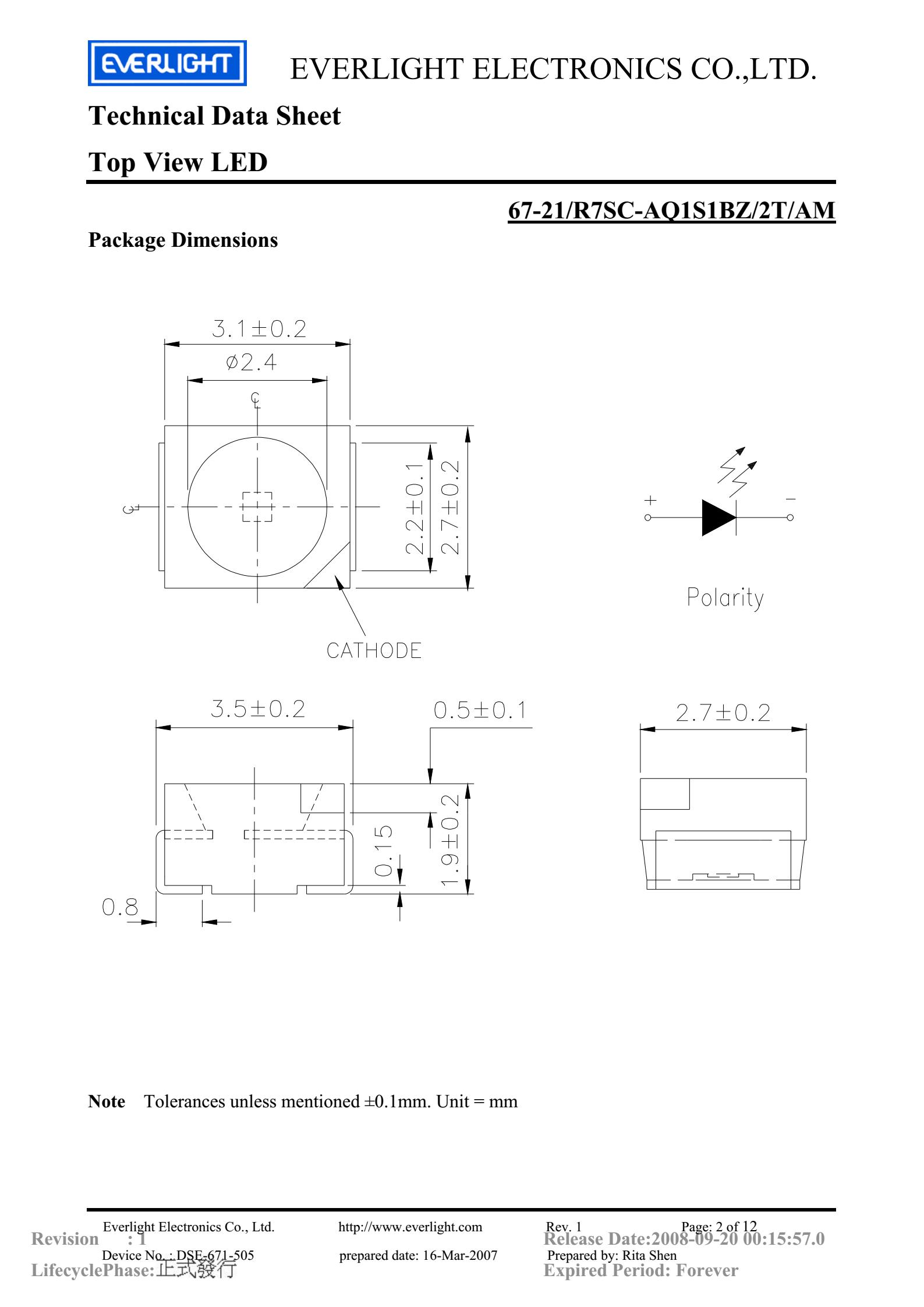 everlight 3528 Car lamp beads 67-21/R7SC-AQ1S1BZ/2T/AM Datasheet