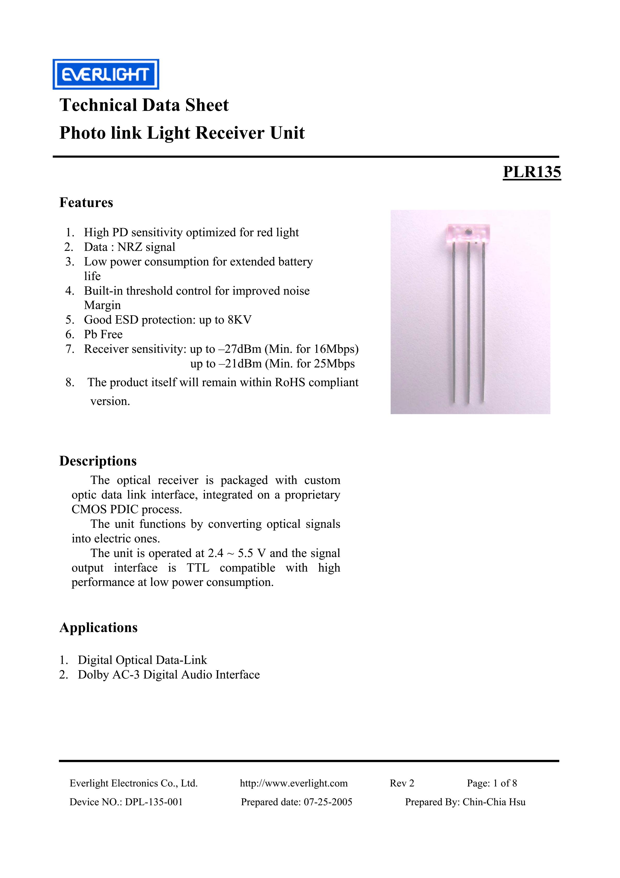 everlight PLR135 Photolink-Fiber Optic Receiver Datasheet