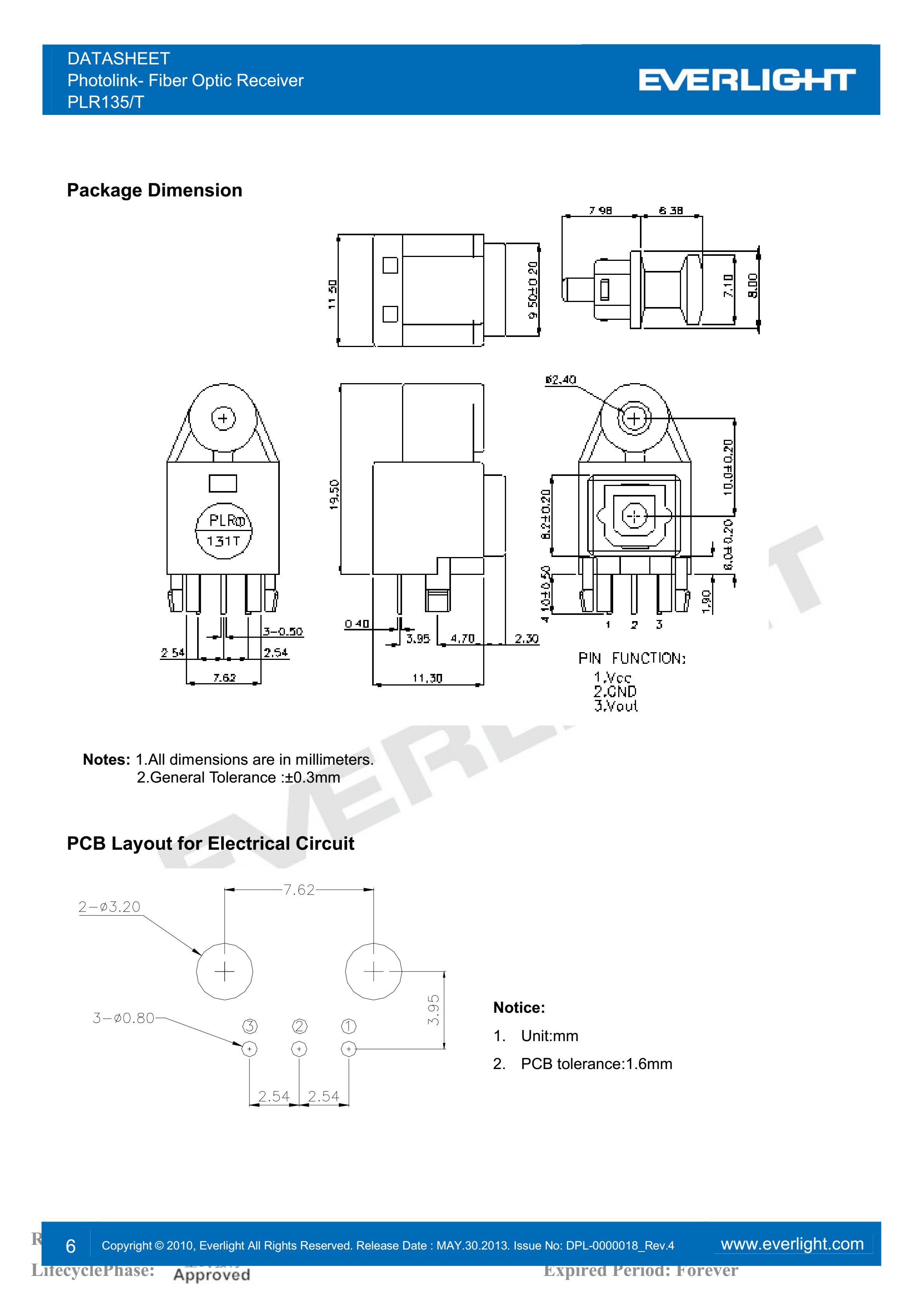 Everlight PLR135/T Photolink- Fiber Optic Receiver