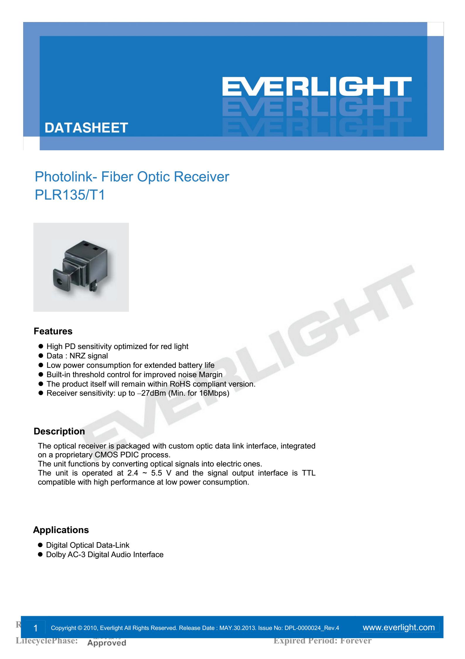 everlight PLR135/T1 Photolink- Fiber Optic Receiver Datasheet