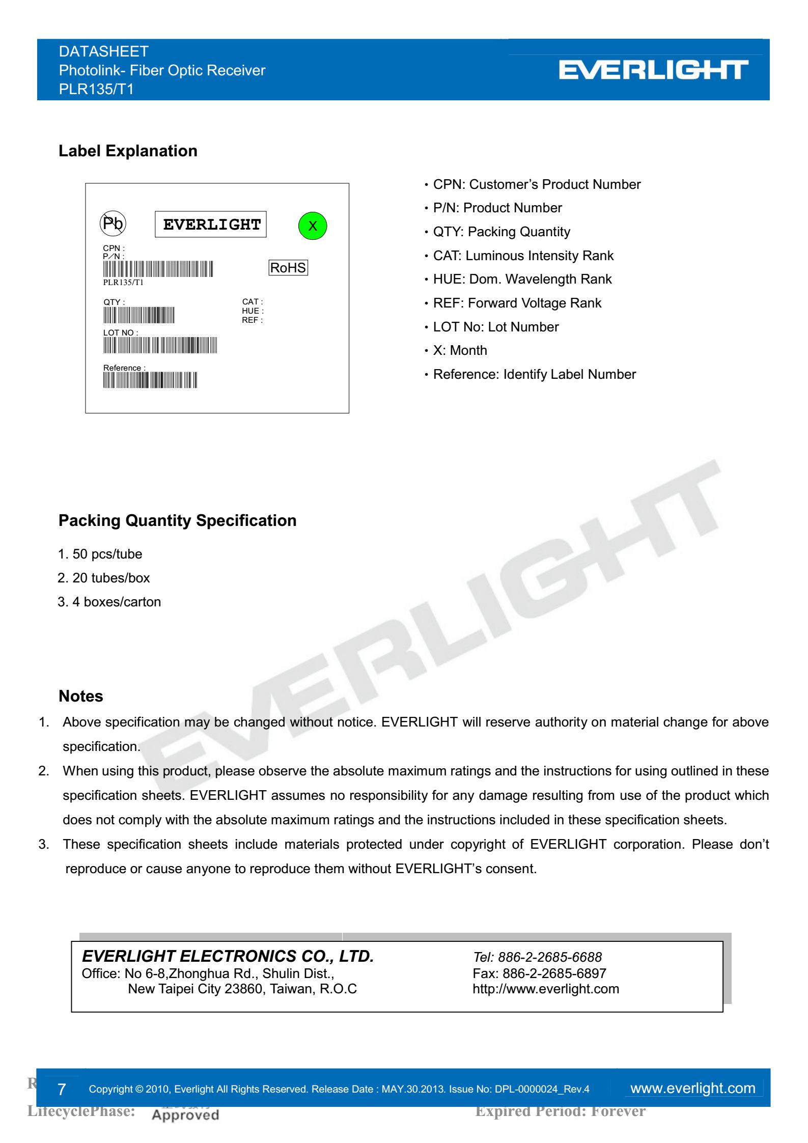 everlight PLR135/T1 Photolink- Fiber Optic Receiver Datasheet