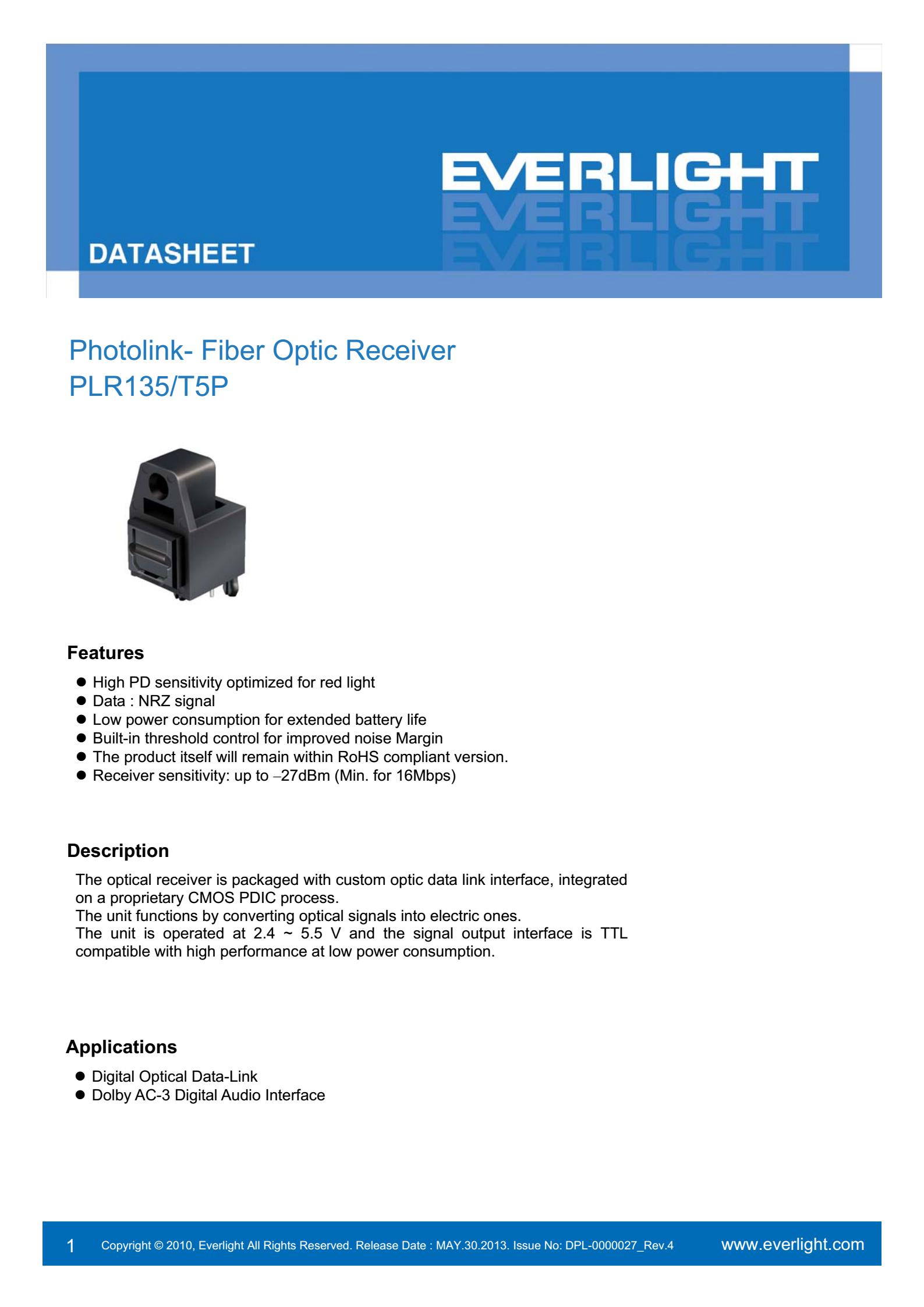 everlight PLR135/T5P Photolink-Fiber Optic Receiver Datasheet