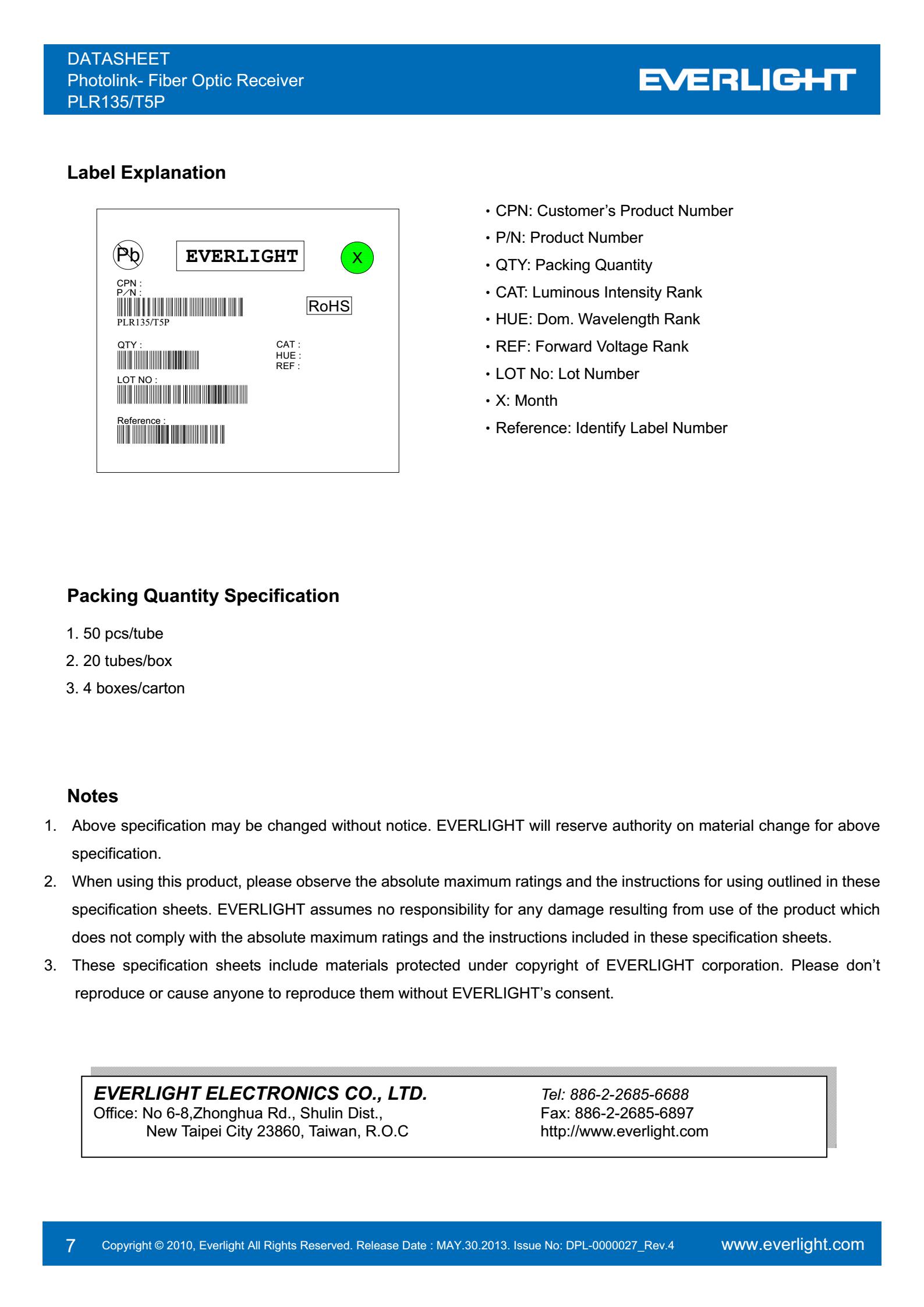 everlight PLR135/T5P Photolink-Fiber Optic Receiver Datasheet