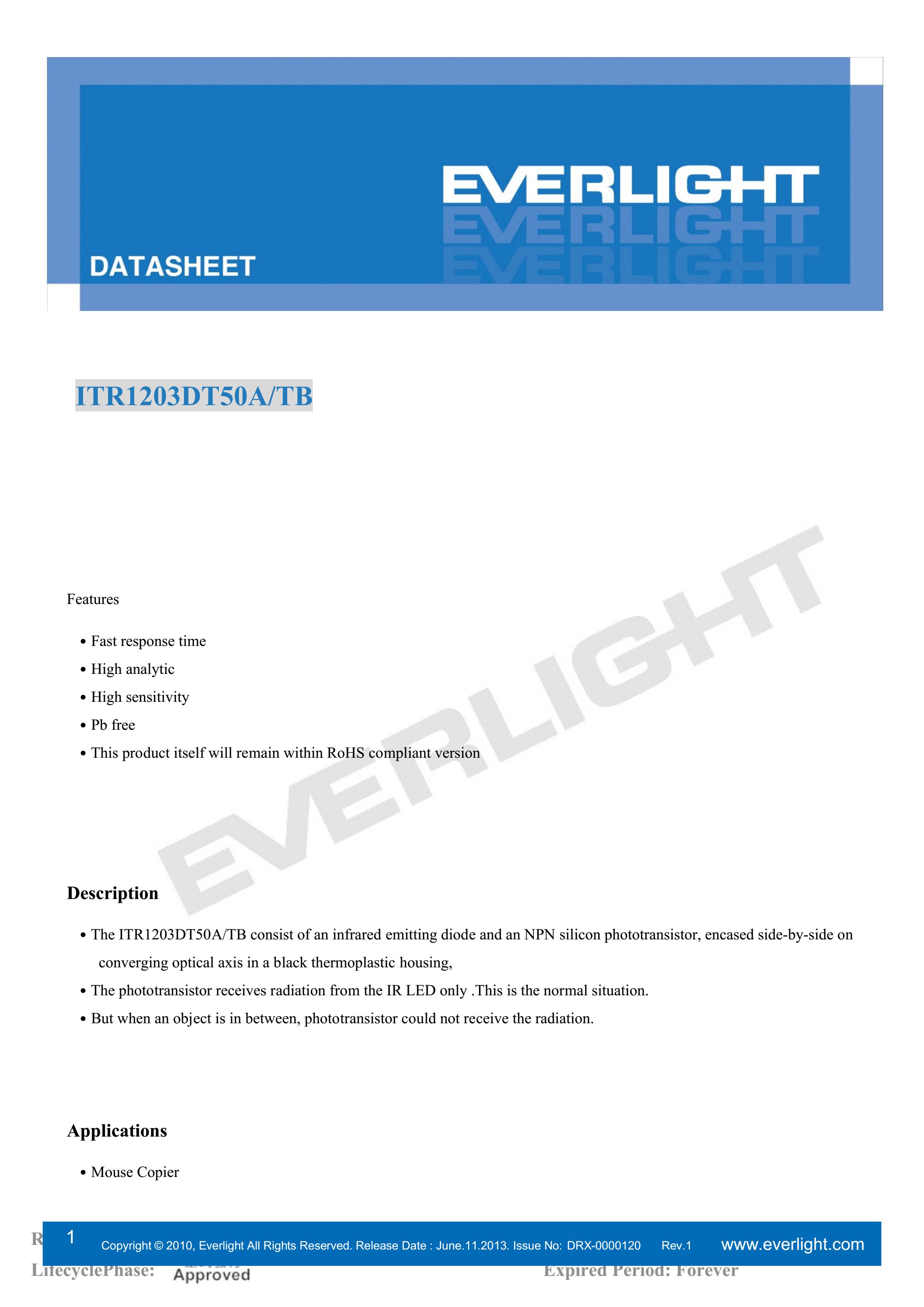 EVERLIGHT  Opto-electronic switch  ITR1203DT50A/TB Datashe