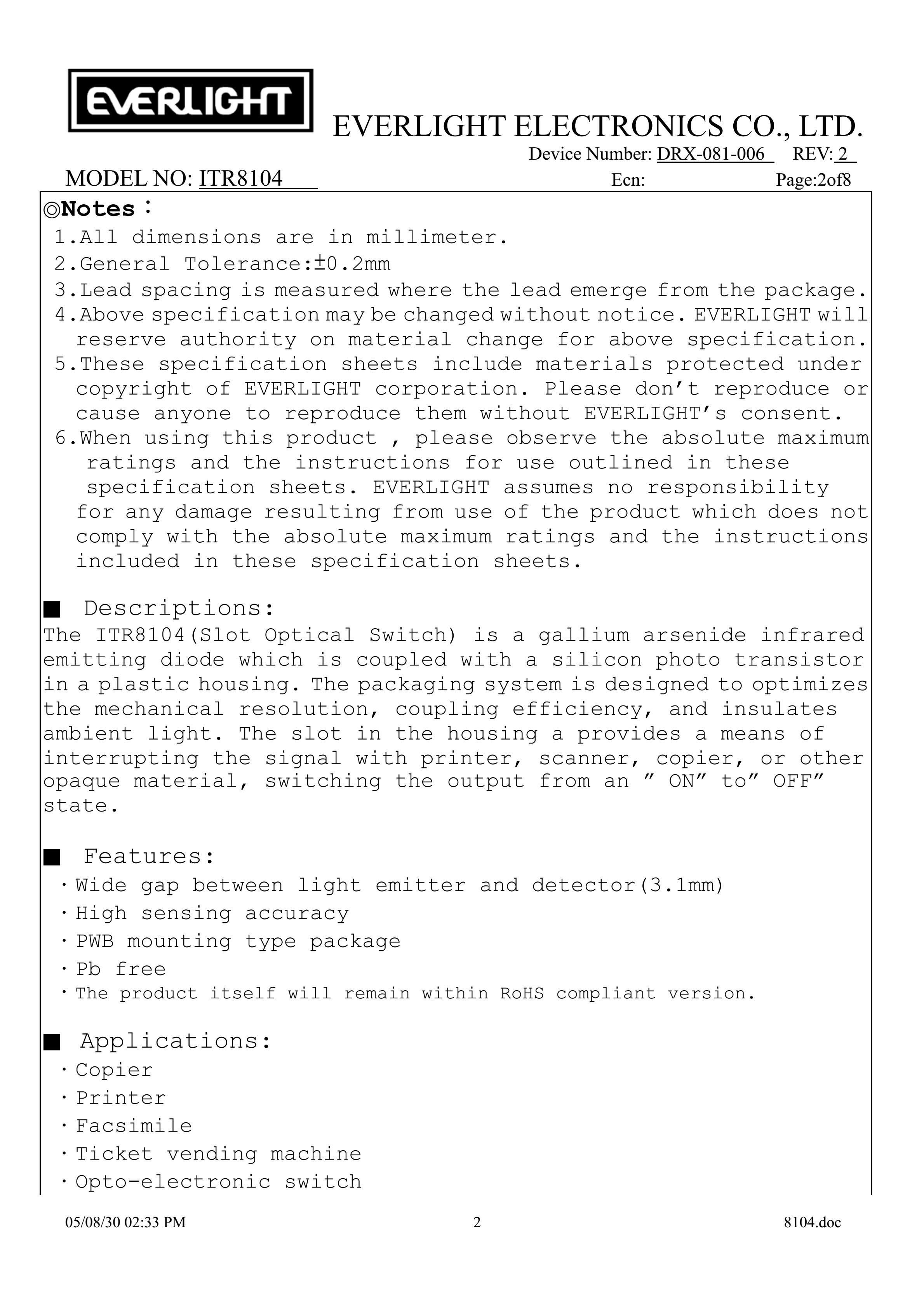 EVERLIGHT Optical Switch ITR8104 Opto Interrupter Datasheet