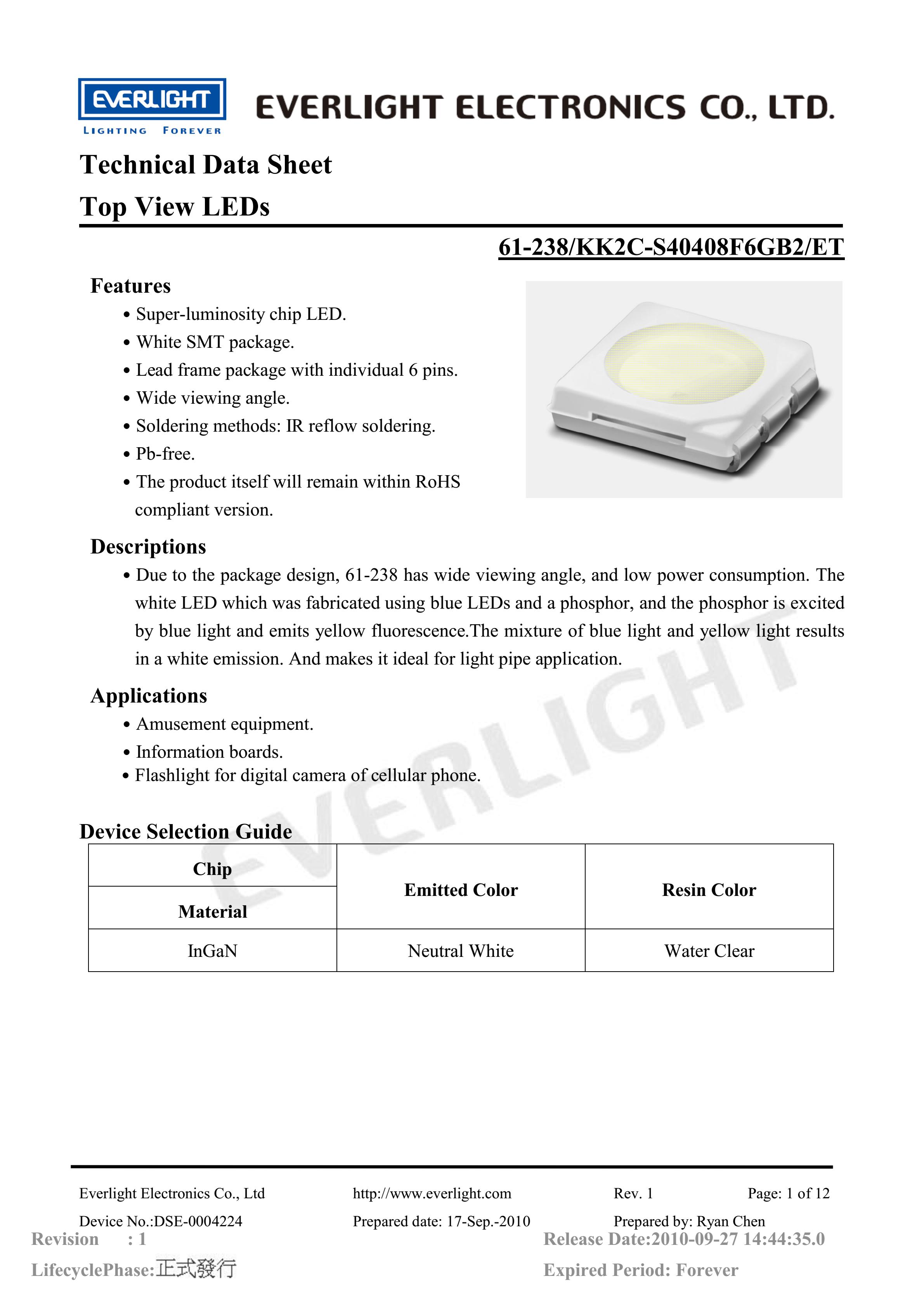 EVERLIGHT 5050 SMD LED 61-238-KK2C-S40408F6GB2-ET Datasheet