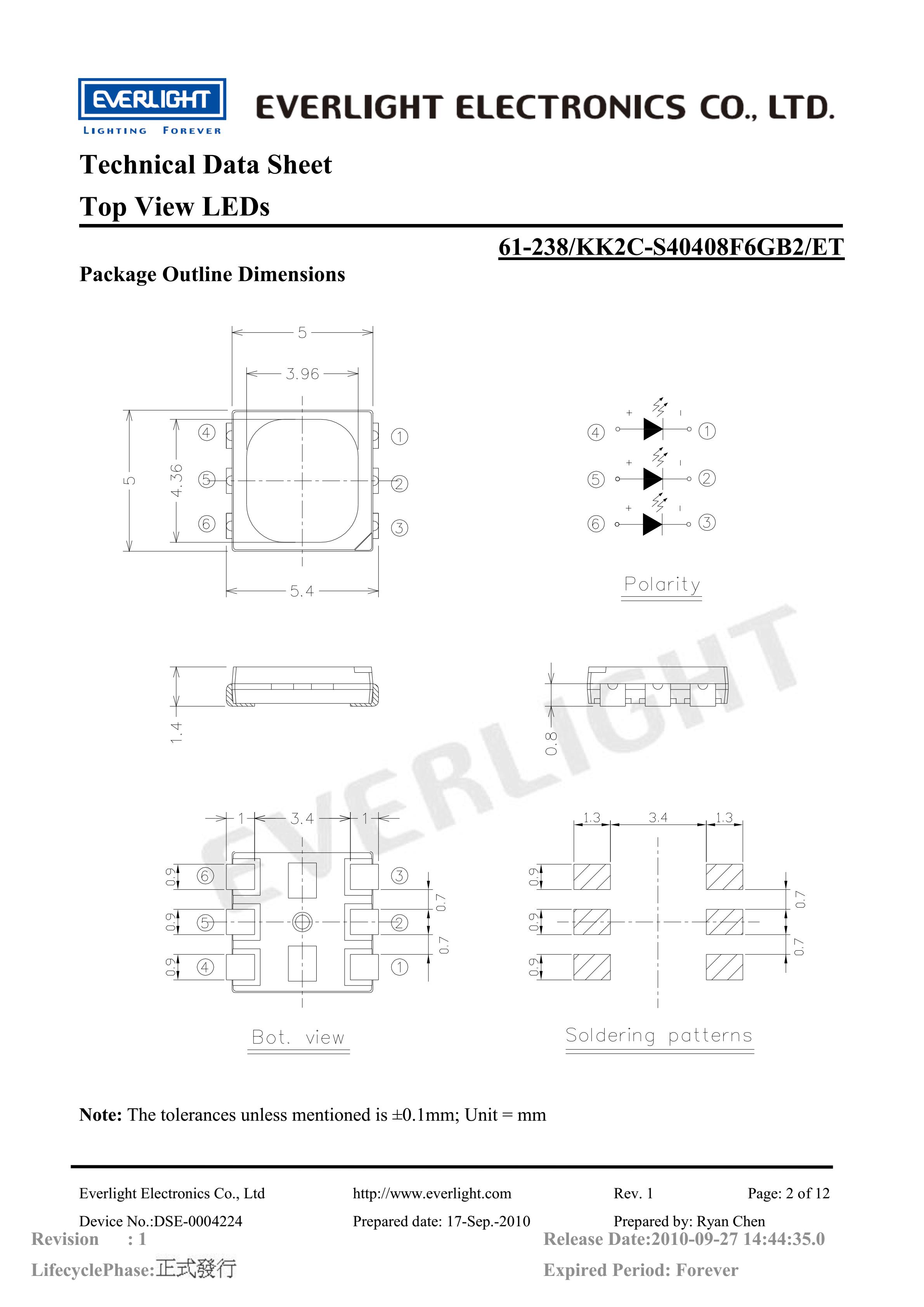 EVERLIGHT 5050 SMD LED 61-238-KK2C-S40408F6GB2-ET Datasheet