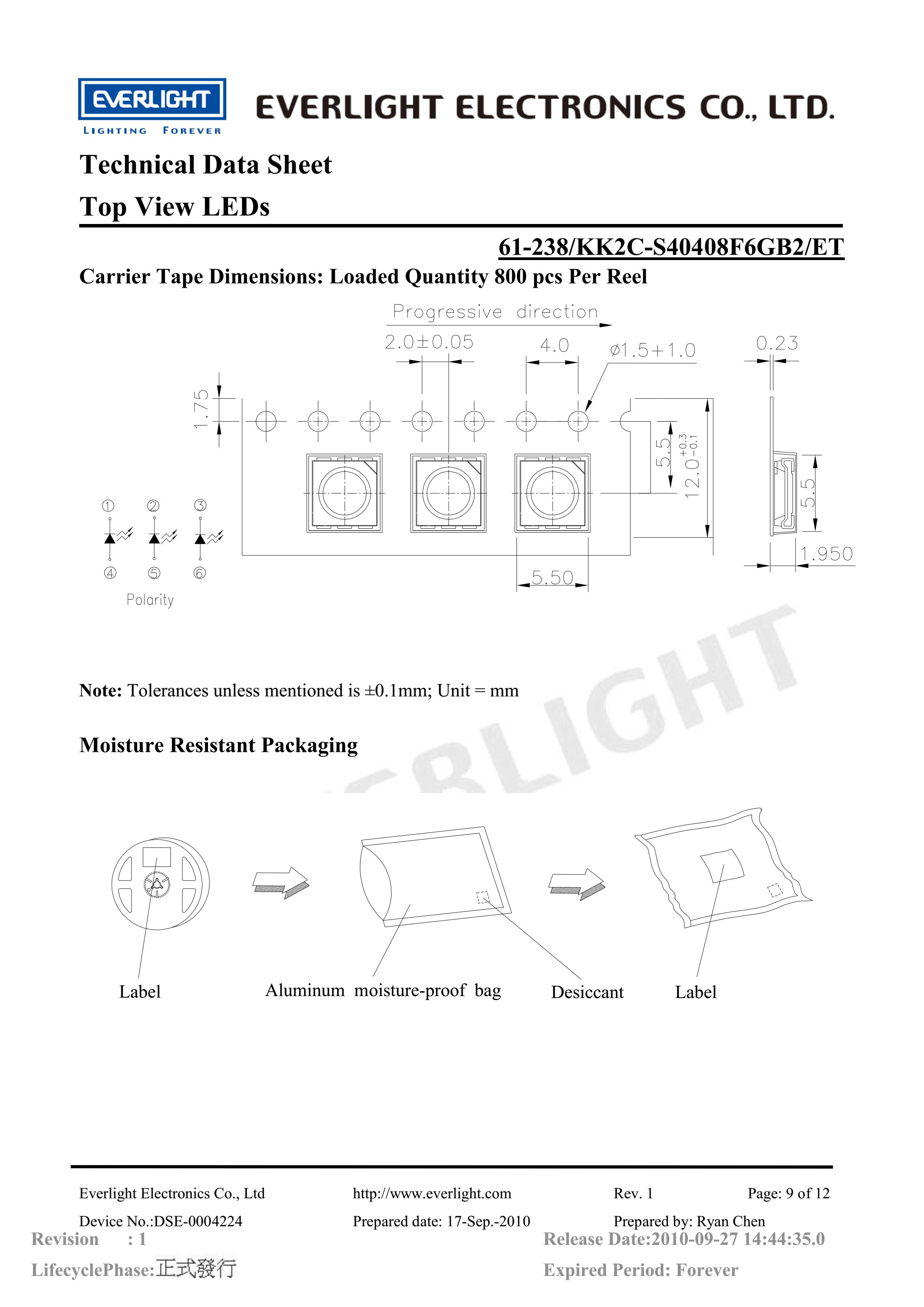 EVERLIGHT 5050 SMD LED 61-238-KK2C-S40408F6GB2-ET Datasheet