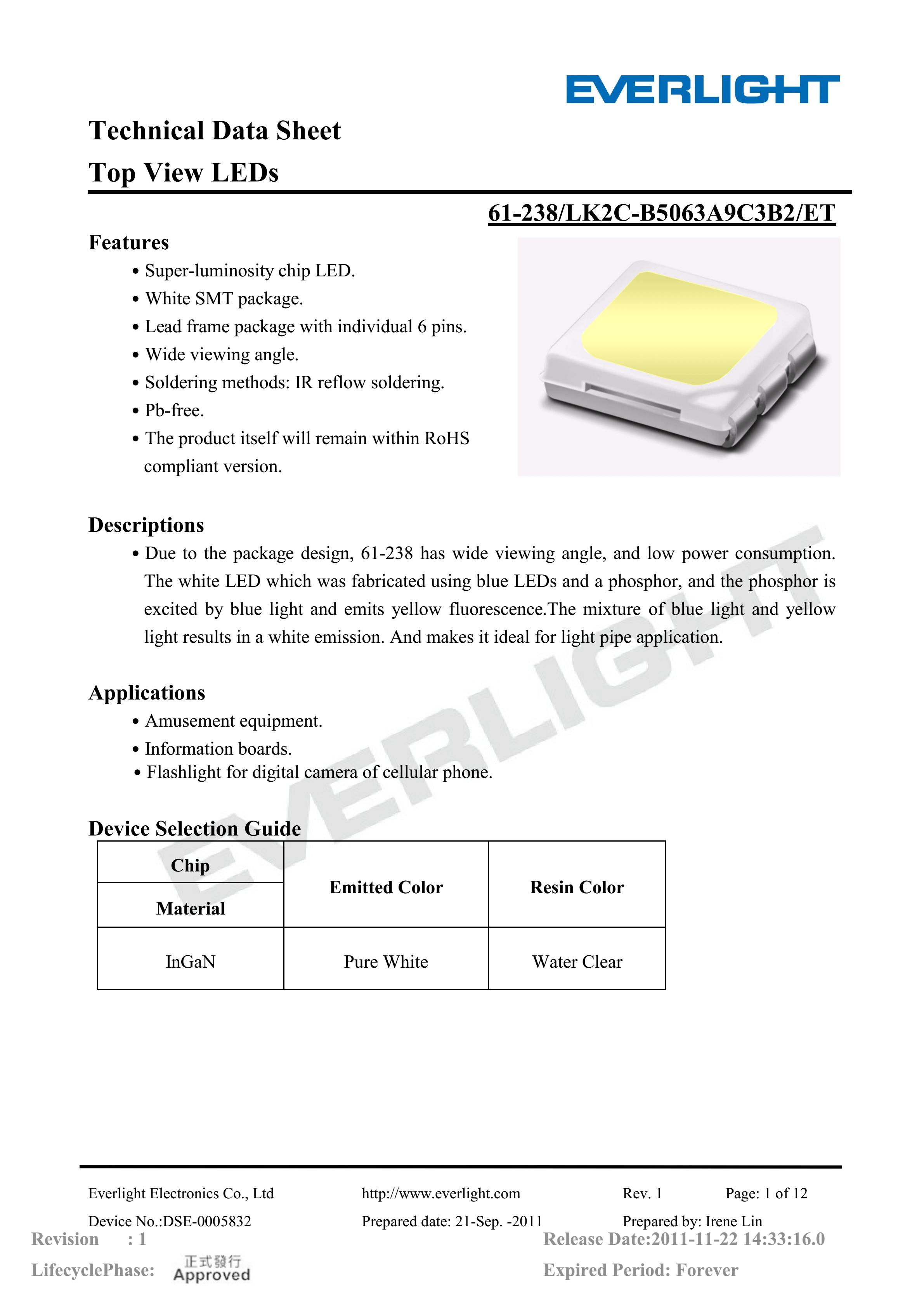 EVERLIGHT 5050 SMD LED 61-238-LK2C-B5063A9C3B2-ET Datasheet