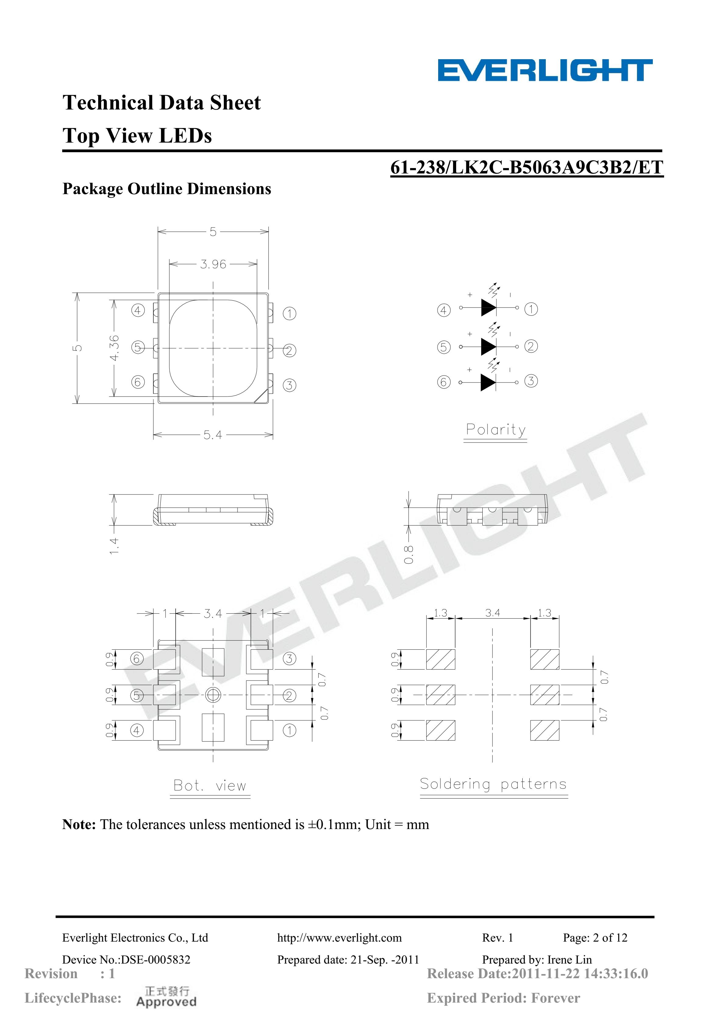 EVERLIGHT 5050 SMD LED 61-238-LK2C-B5063A9C3B2-ET Datasheet