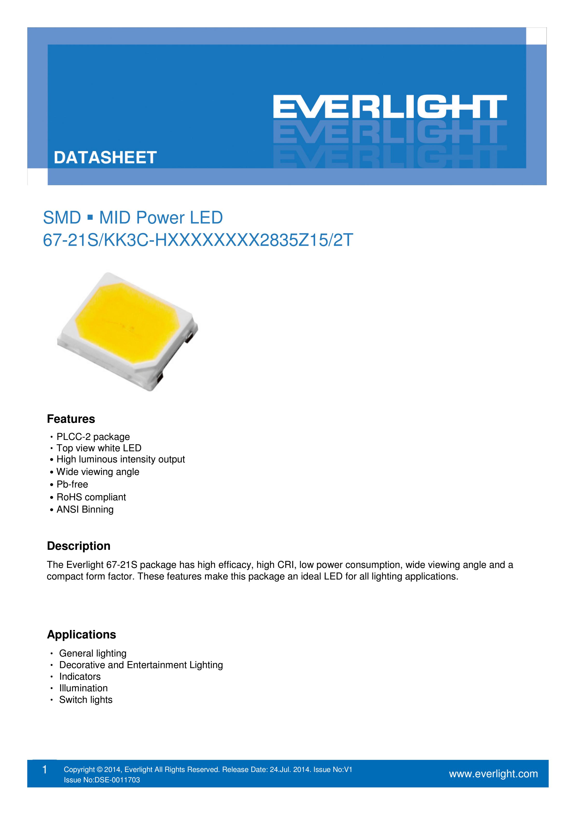 EVERLIGHT 2835 SMD LED 67-21S/KK3C-H2727QAR32835Z15/2T Datasheet