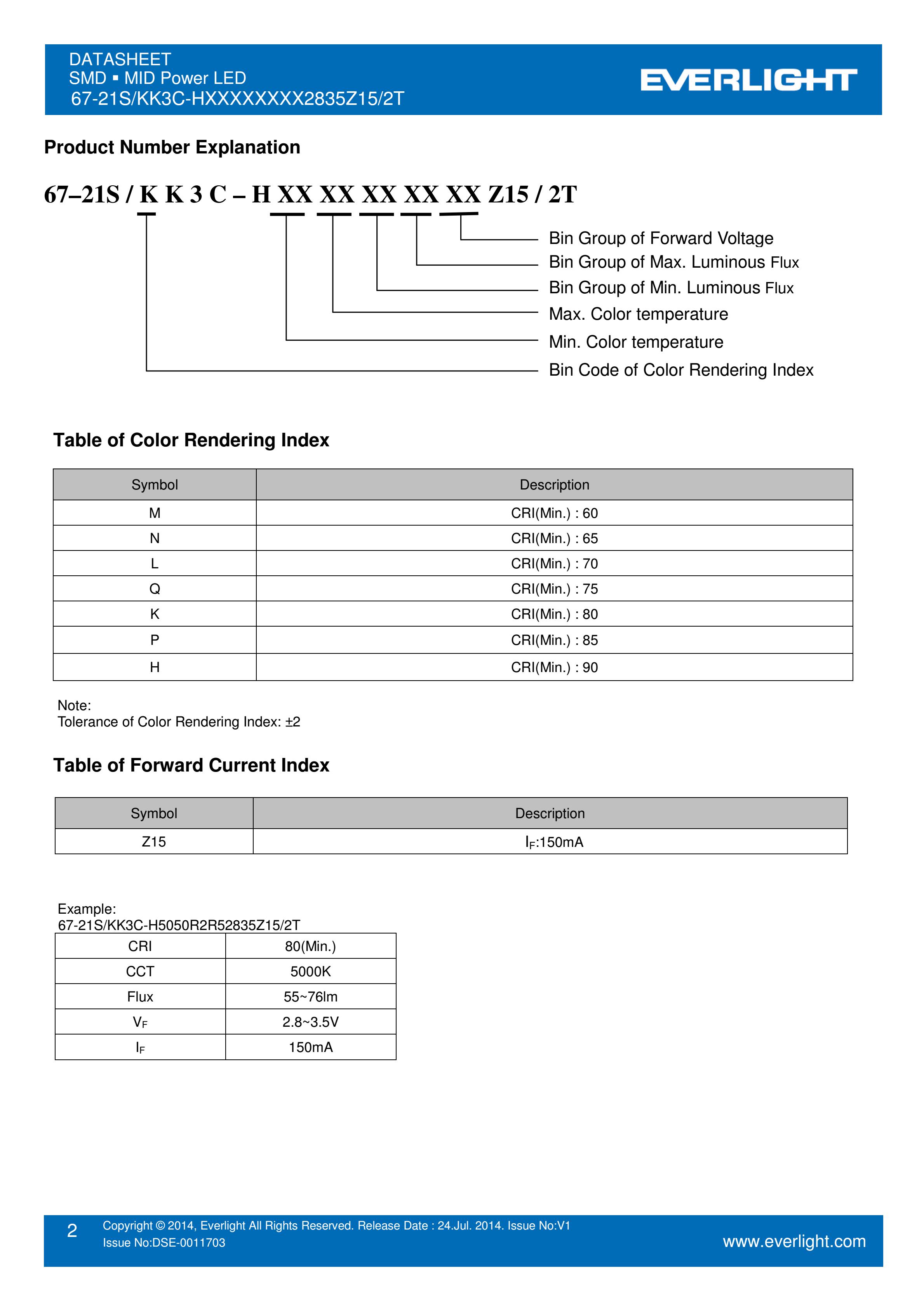 EVERLIGHT 2835 SMD LED 67-21S/KK3C-H2727QAR32835Z15/2T Datasheet